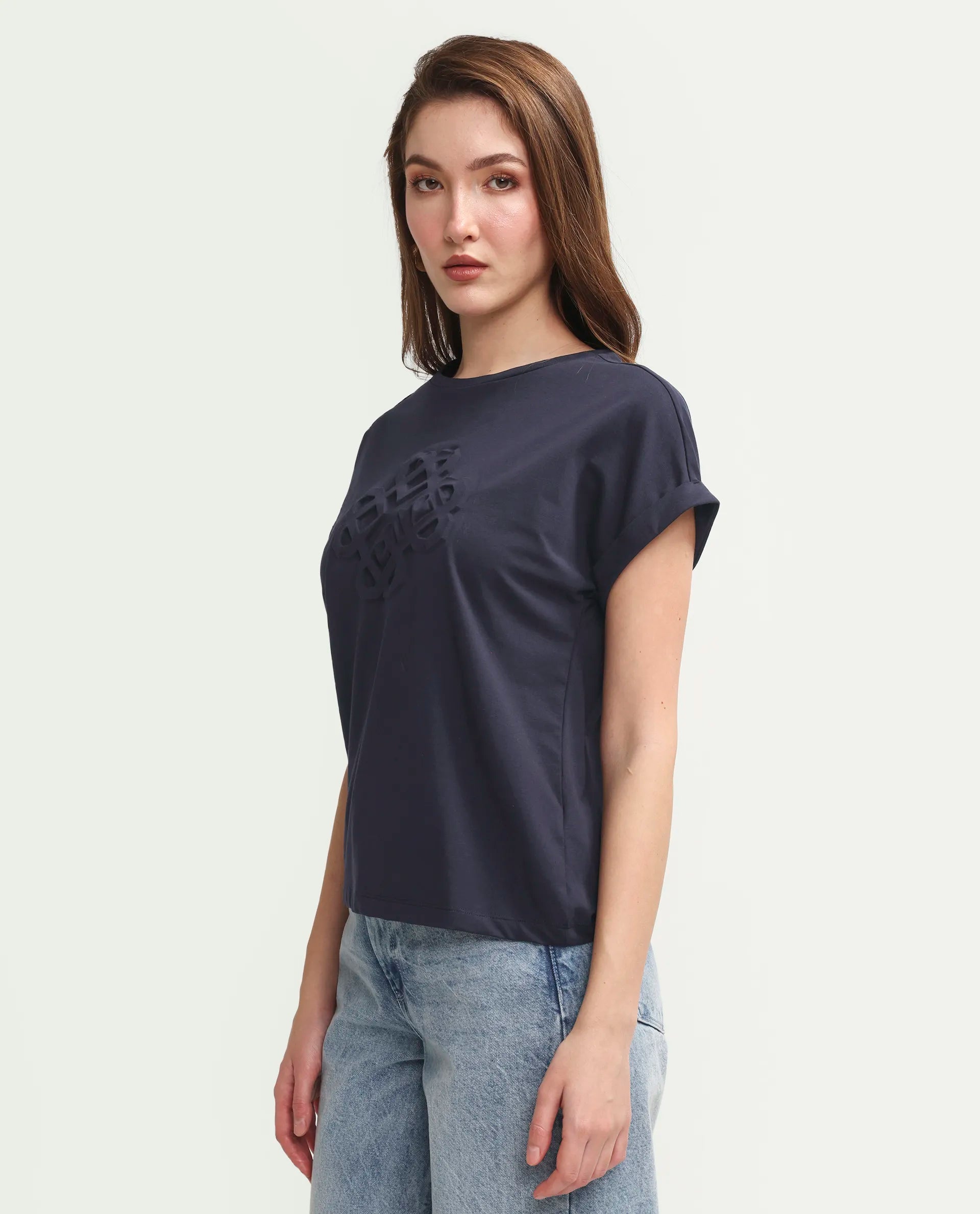 Rareism Women's Zurf Navy Cotton Blend Half Sleeve Relaxed Fit Plain T-Shirt