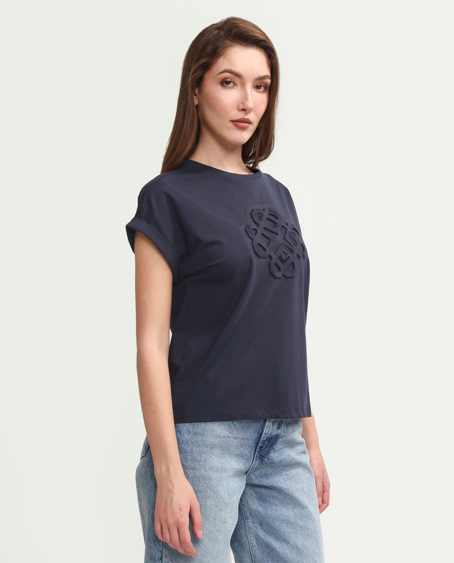 Rareism Women's Zurf Navy Cotton Blend Half Sleeve Relaxed Fit Plain T-Shirt