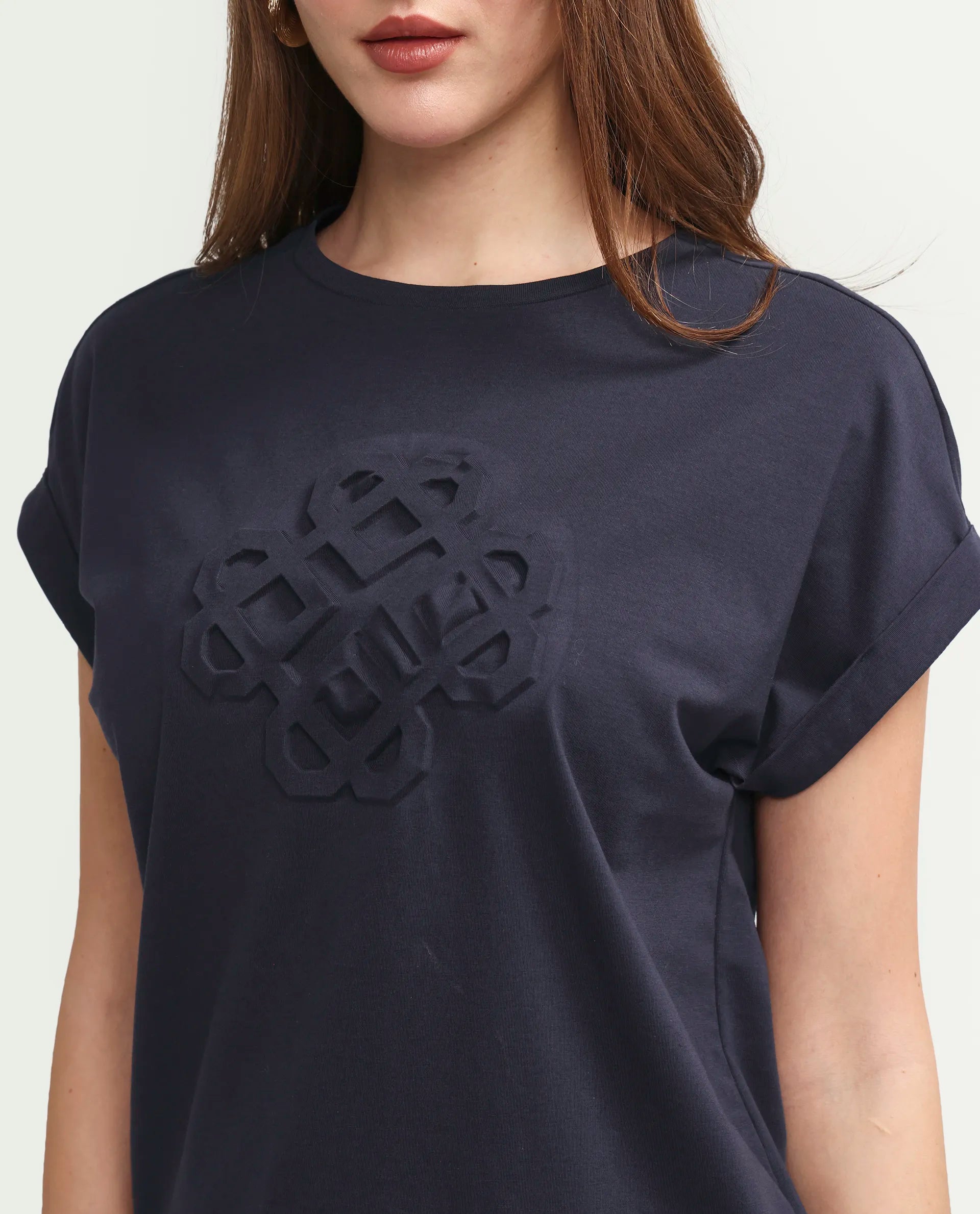 Rareism Women's Zurf Navy Cotton Blend Half Sleeve Relaxed Fit Plain T-Shirt