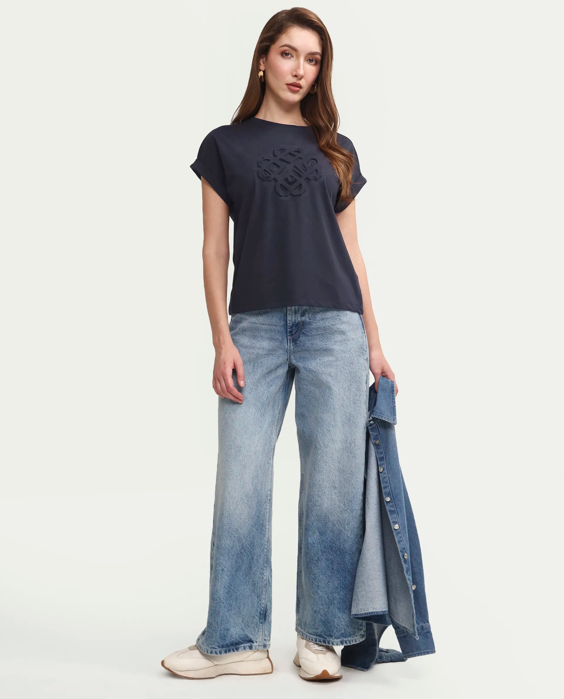 Rareism Women's Zurf Navy Cotton Blend Half Sleeve Relaxed Fit Plain T-Shirt