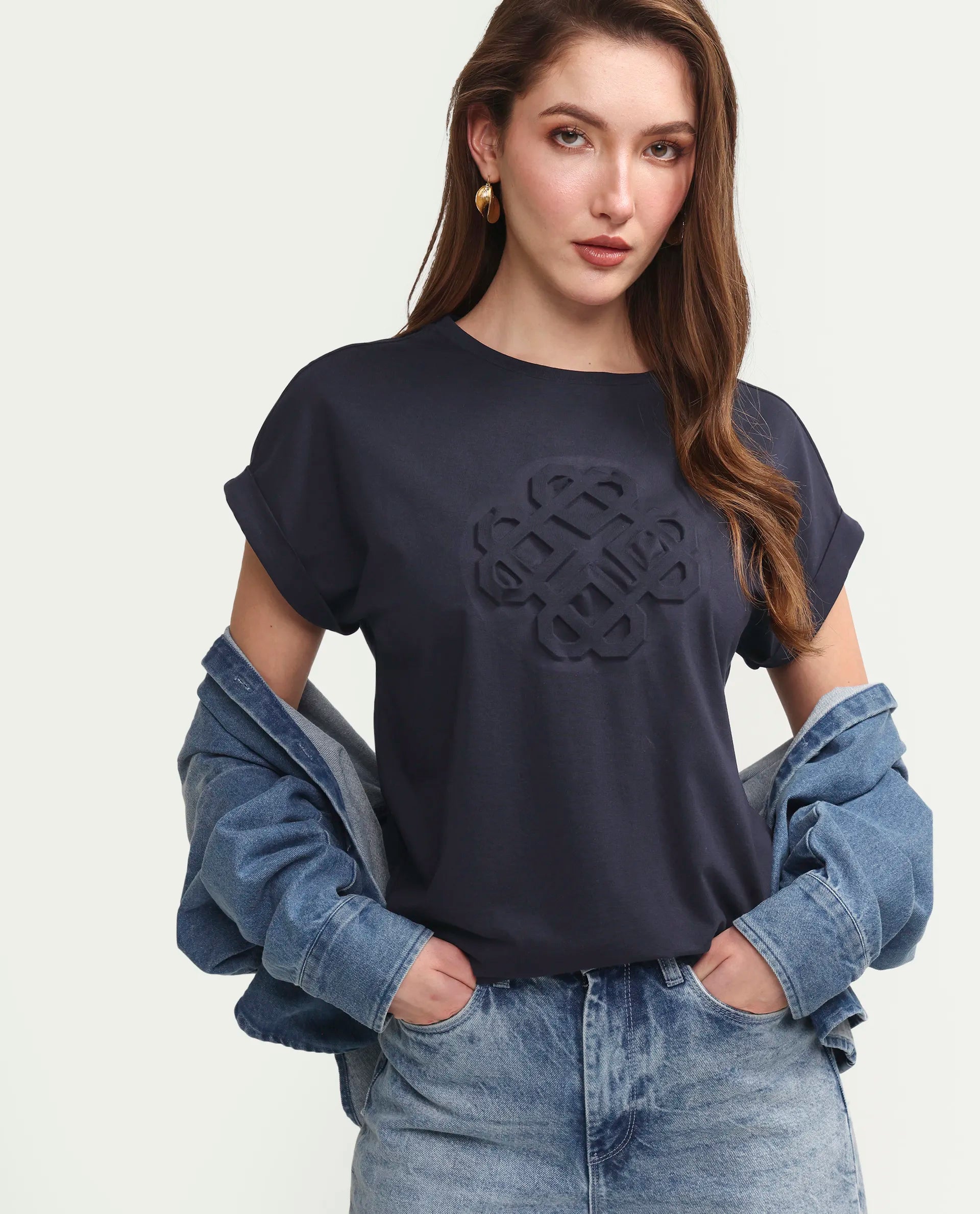 Rareism Women's Zurf Navy Cotton Blend Half Sleeve Relaxed Fit Plain T-Shirt