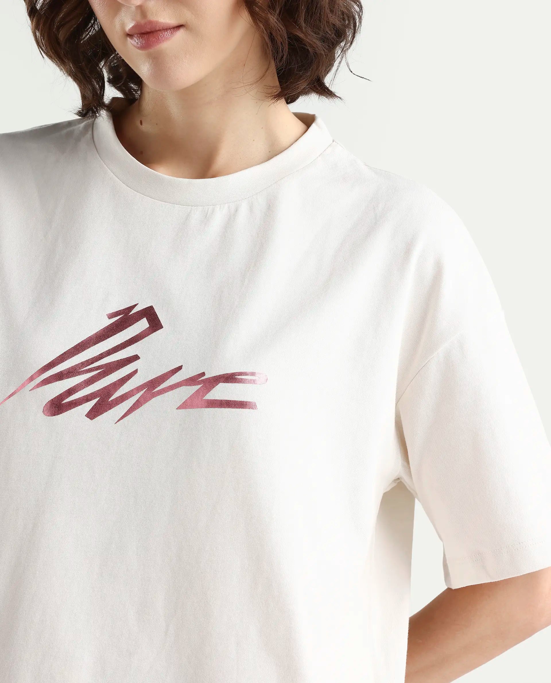 Rareism Women's Zopez Off White Cotton Half Sleeve Boxy Typography Print T-Shirt