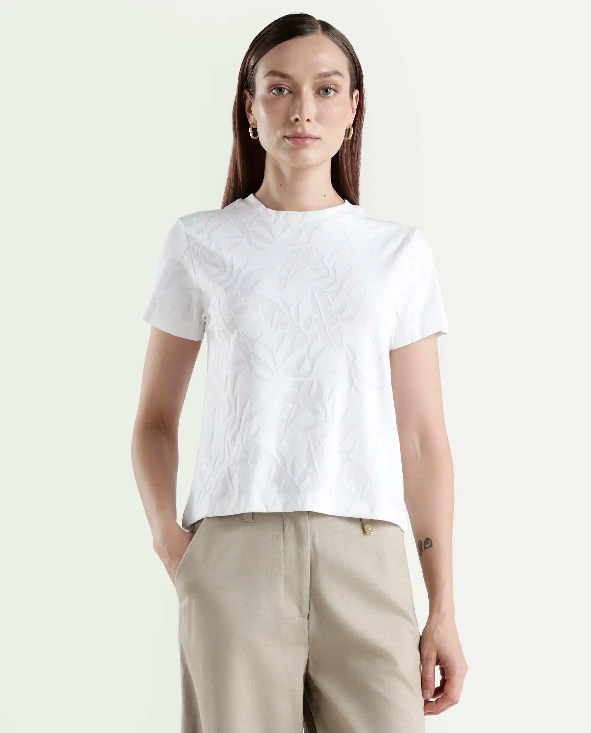 Rareism Women's Zurie Off White Cotton Blend Half Sleeve Crew Neck Regular Fit Jacquard T-Shirt