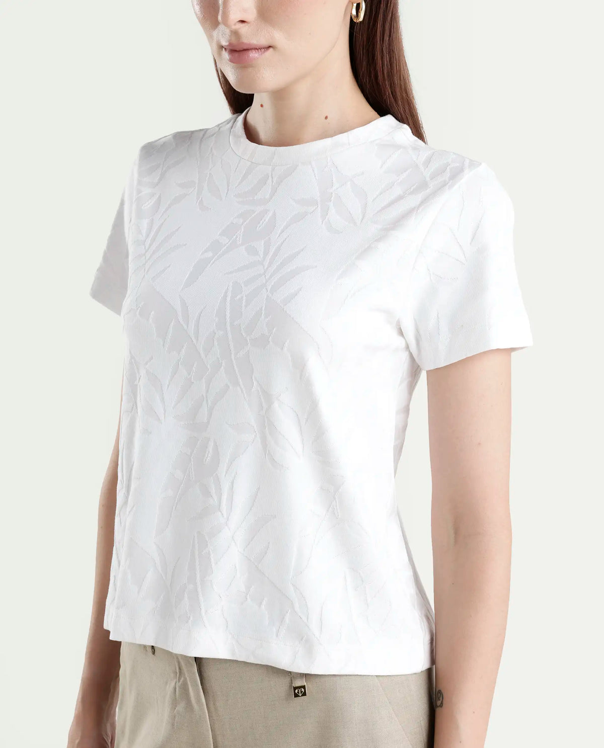 Rareism Women's Zurie Off White Cotton Blend Half Sleeve Crew Neck Regular Fit Jacquard T-Shirt