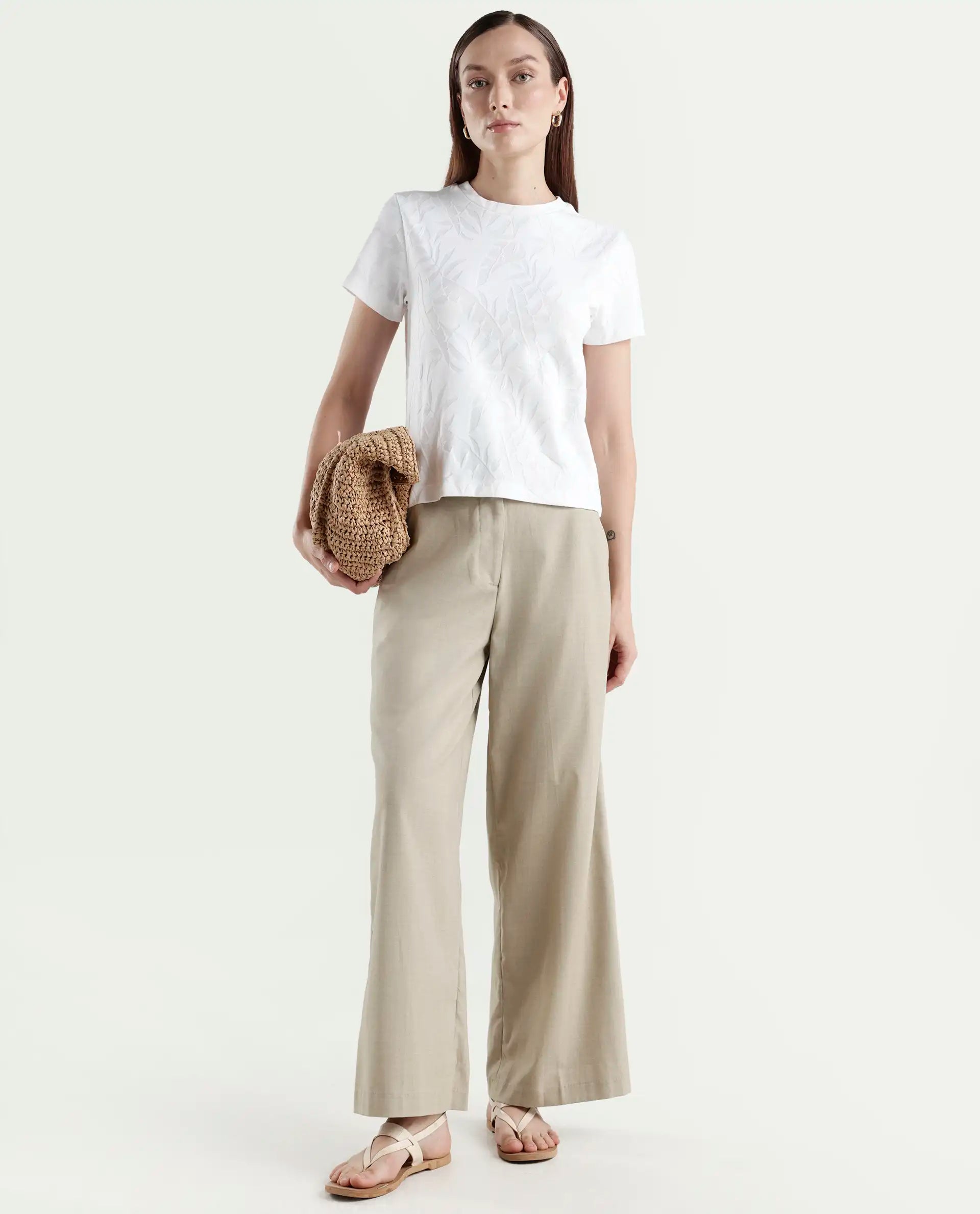 Rareism Women's Zurie Off White Cotton Blend Half Sleeve Crew Neck Regular Fit Jacquard T-Shirt