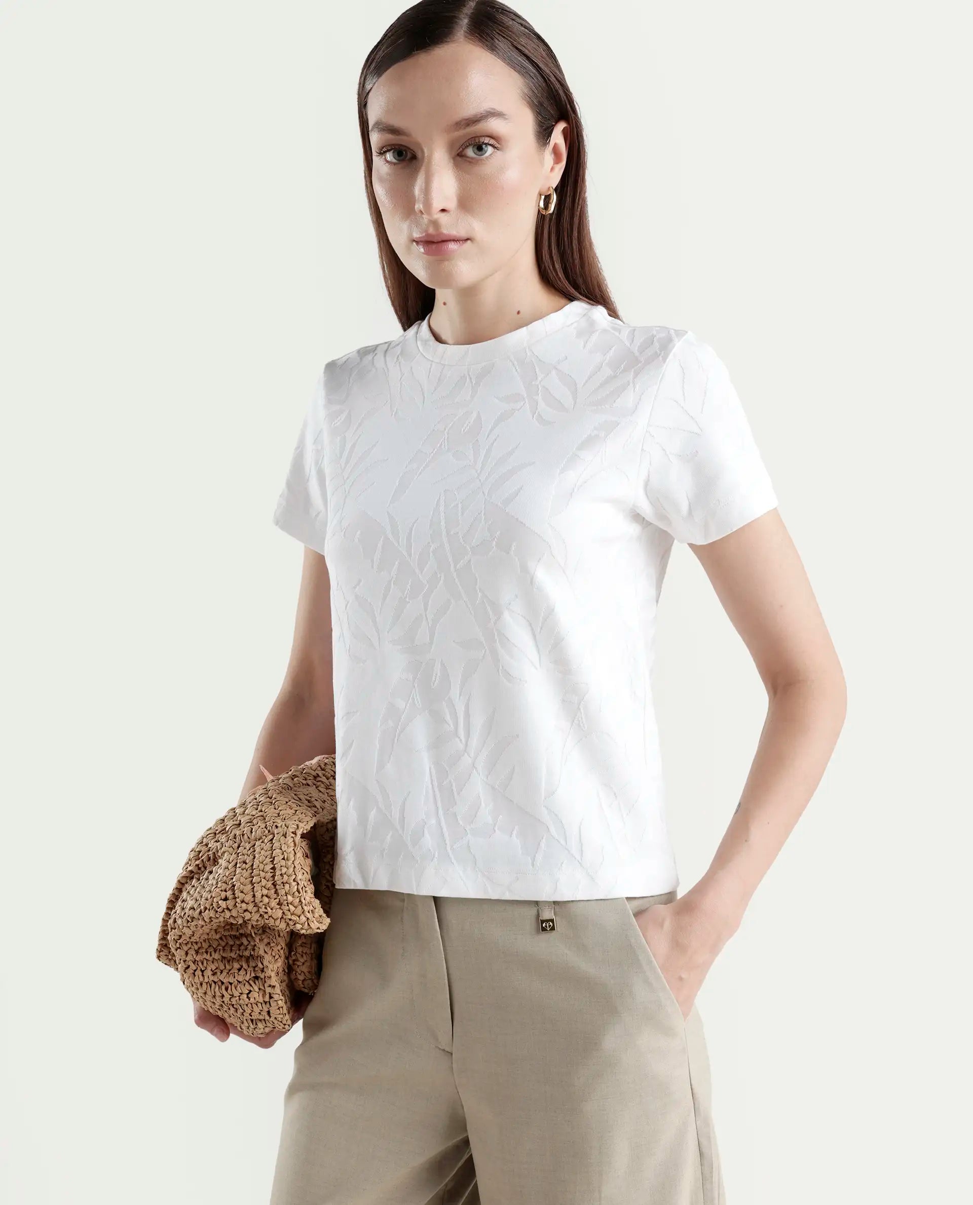 Rareism Women's Zurie Off White Cotton Blend Half Sleeve Crew Neck Regular Fit Jacquard T-Shirt