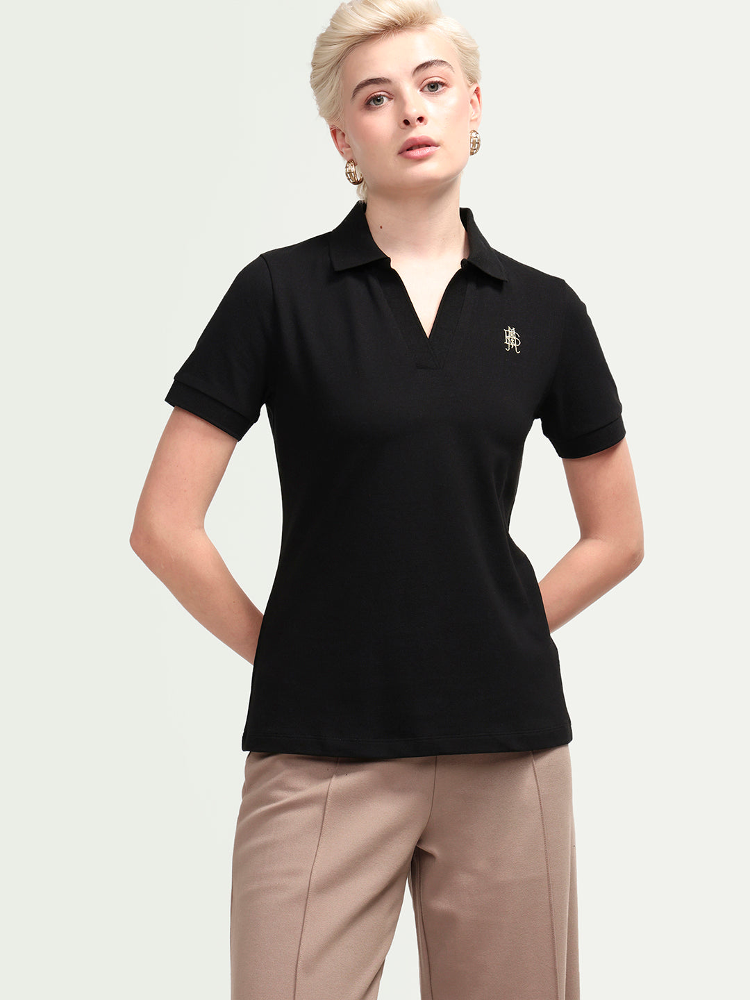 Rareism Women's Zavin Black Cotton Blend Half Sleeve Regular Fit Plain Polo