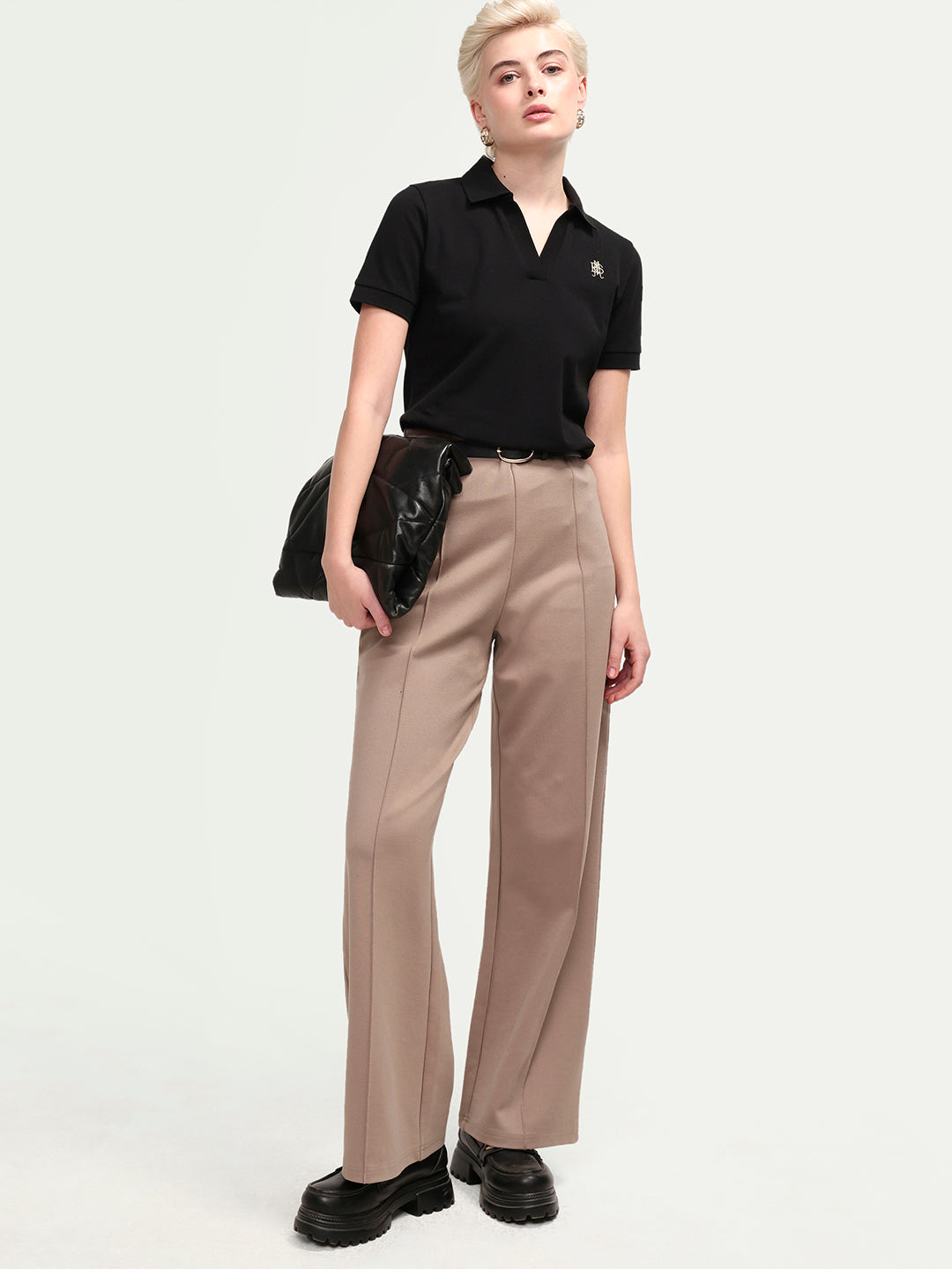 Rareism Women's Zavin Black Cotton Blend Half Sleeve Regular Fit Plain Polo