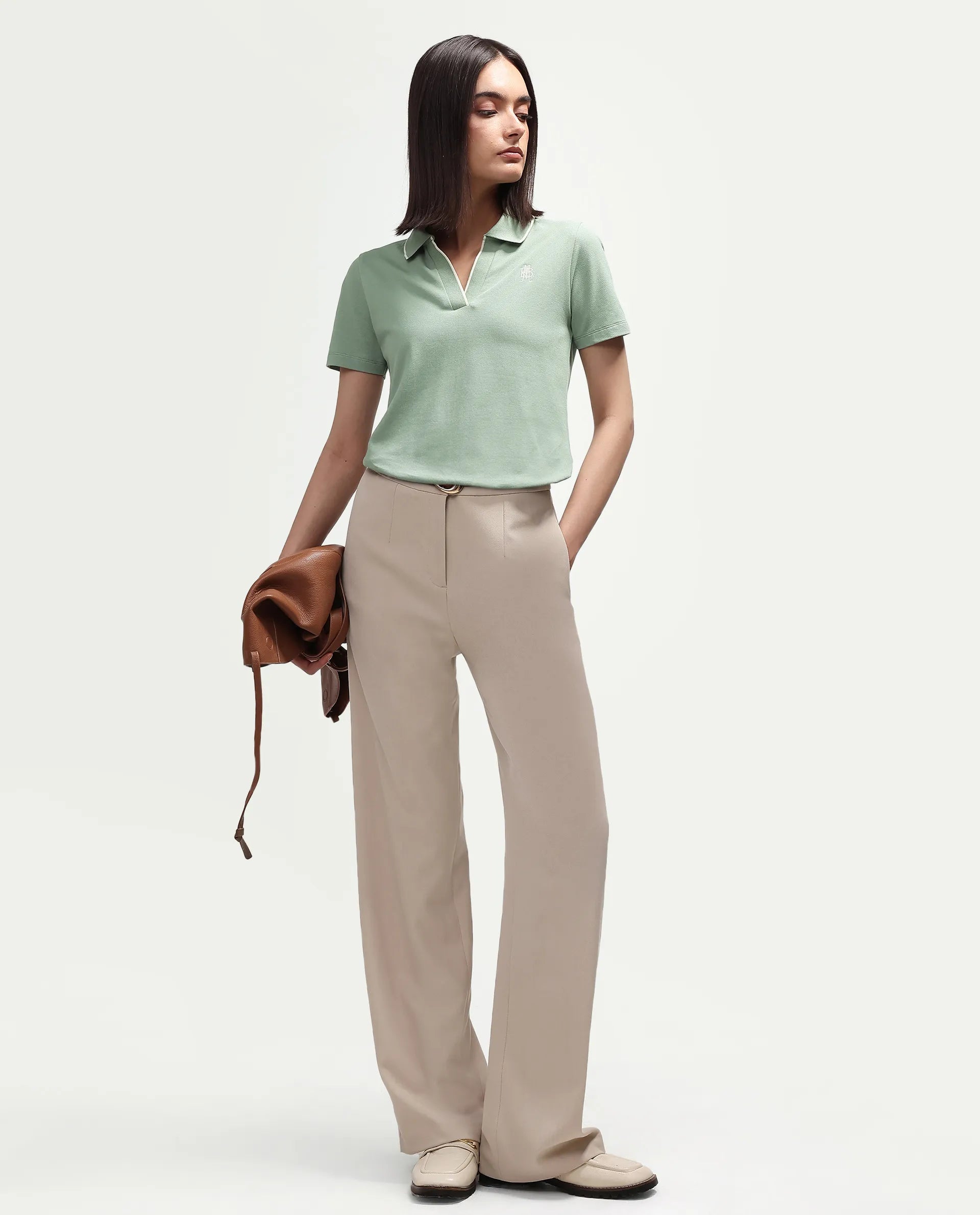 Rareism Women's Zeya Light Green Cotton Blend Half Sleeve Regular Fit Plain Polo