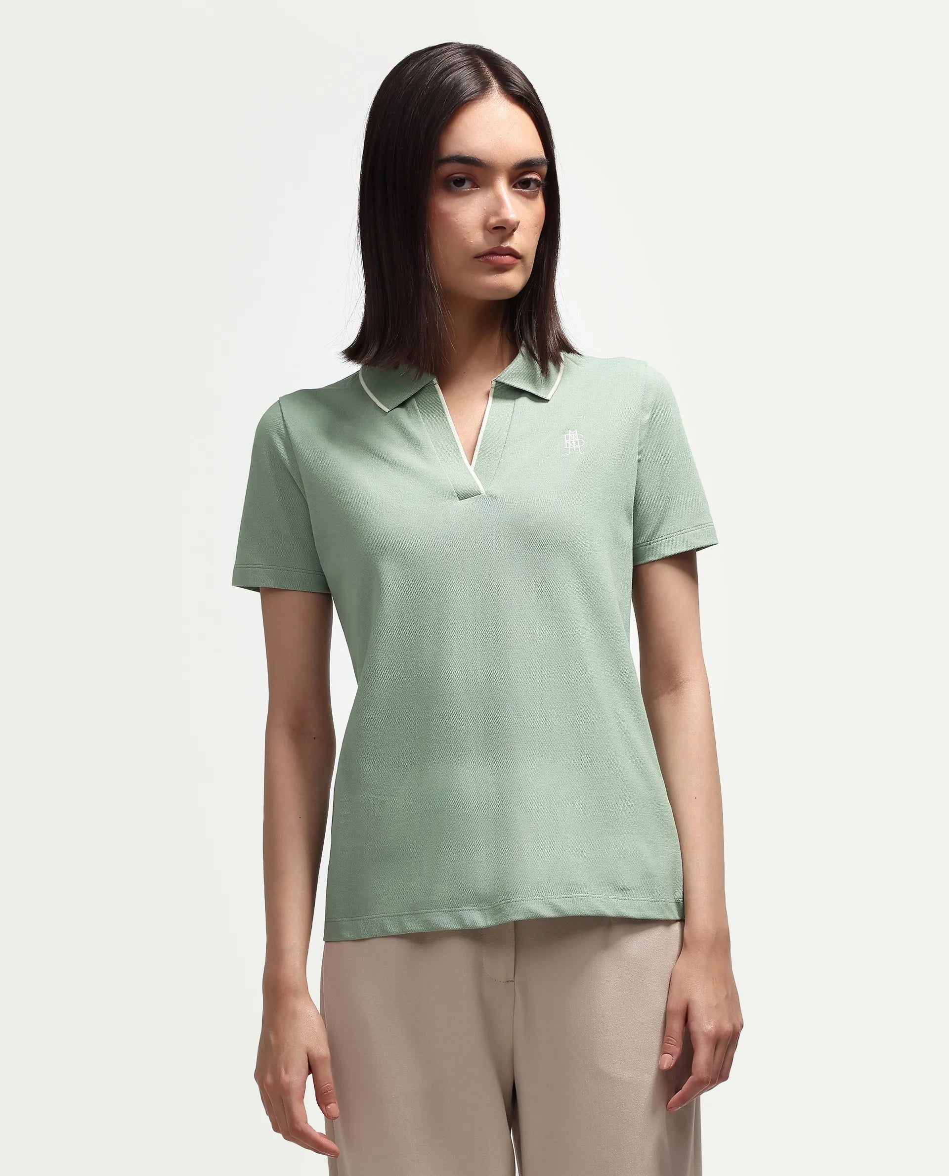 Rareism Women's Zeya Light Green Cotton Blend Half Sleeve Regular Fit Plain Polo
