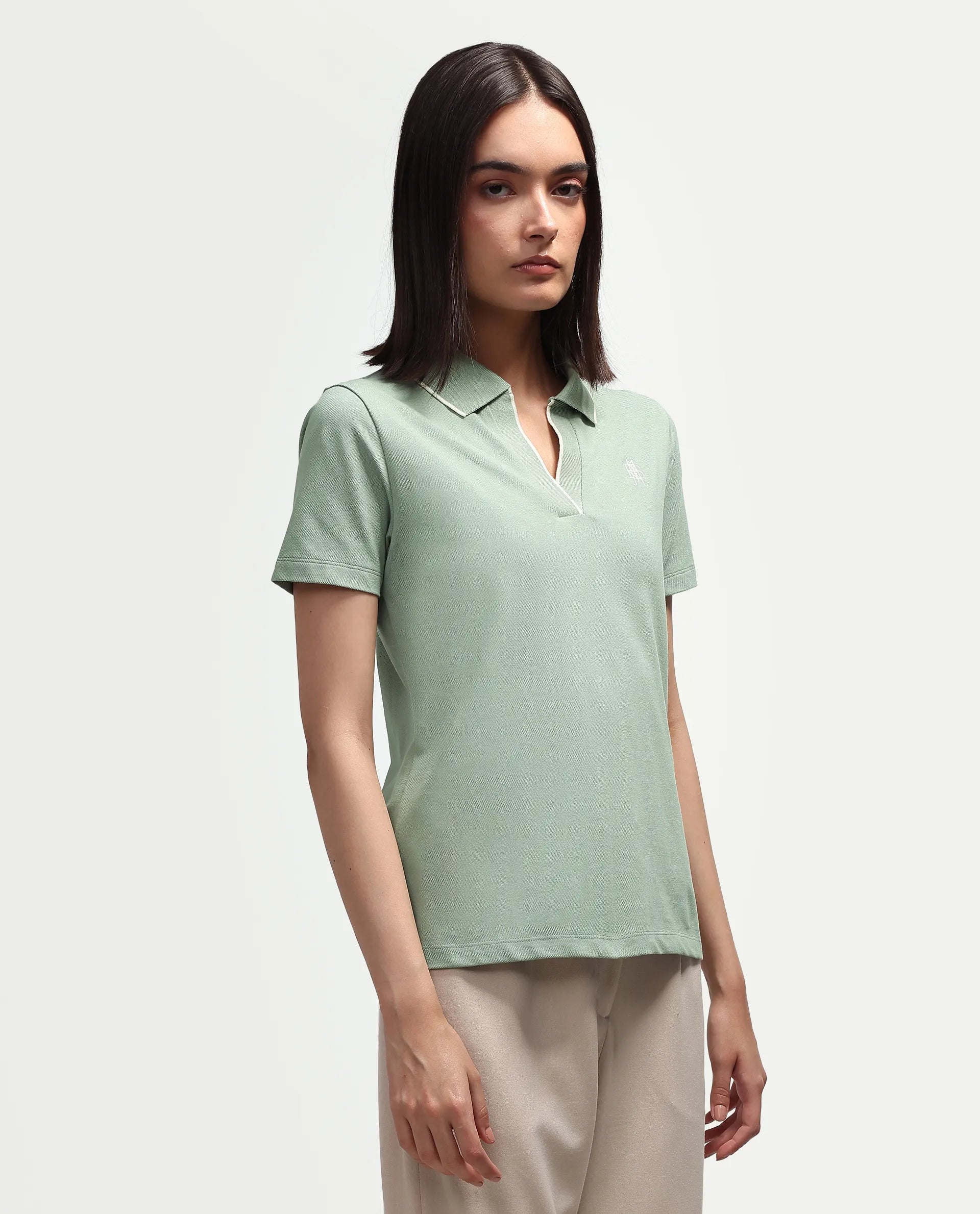 Rareism Women's Zeya Light Green Cotton Blend Half Sleeve Regular Fit Plain Polo