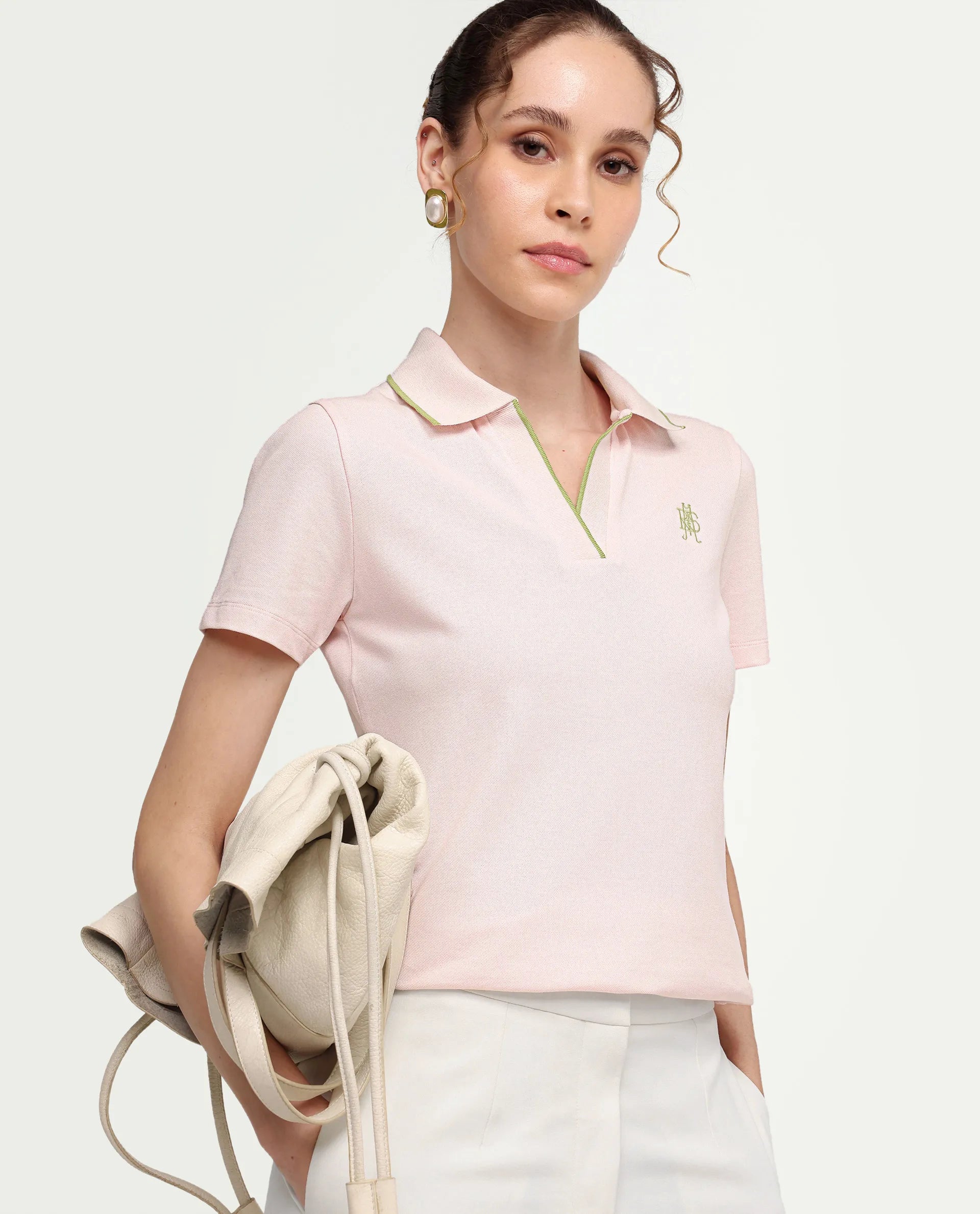 Rareism Women's Zeya Light Pink Cotton Blend Half Sleeve Regular Fit Plain Polo