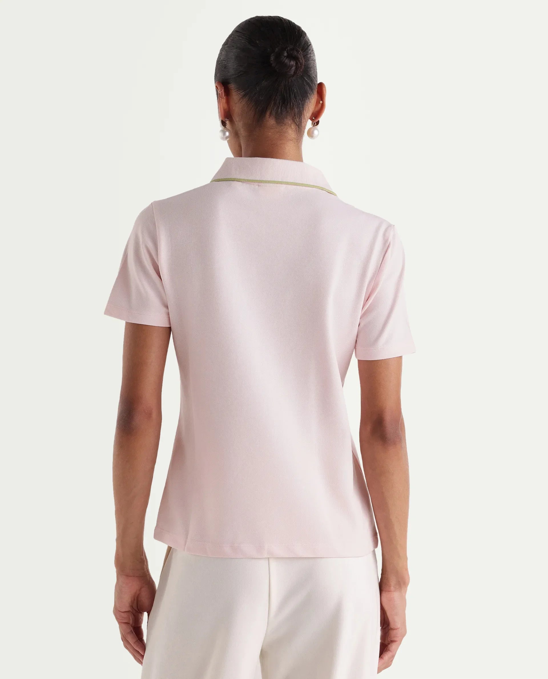 Rareism Women's Zeya Light Pink Cotton Blend Half Sleeve Regular Fit Plain Polo