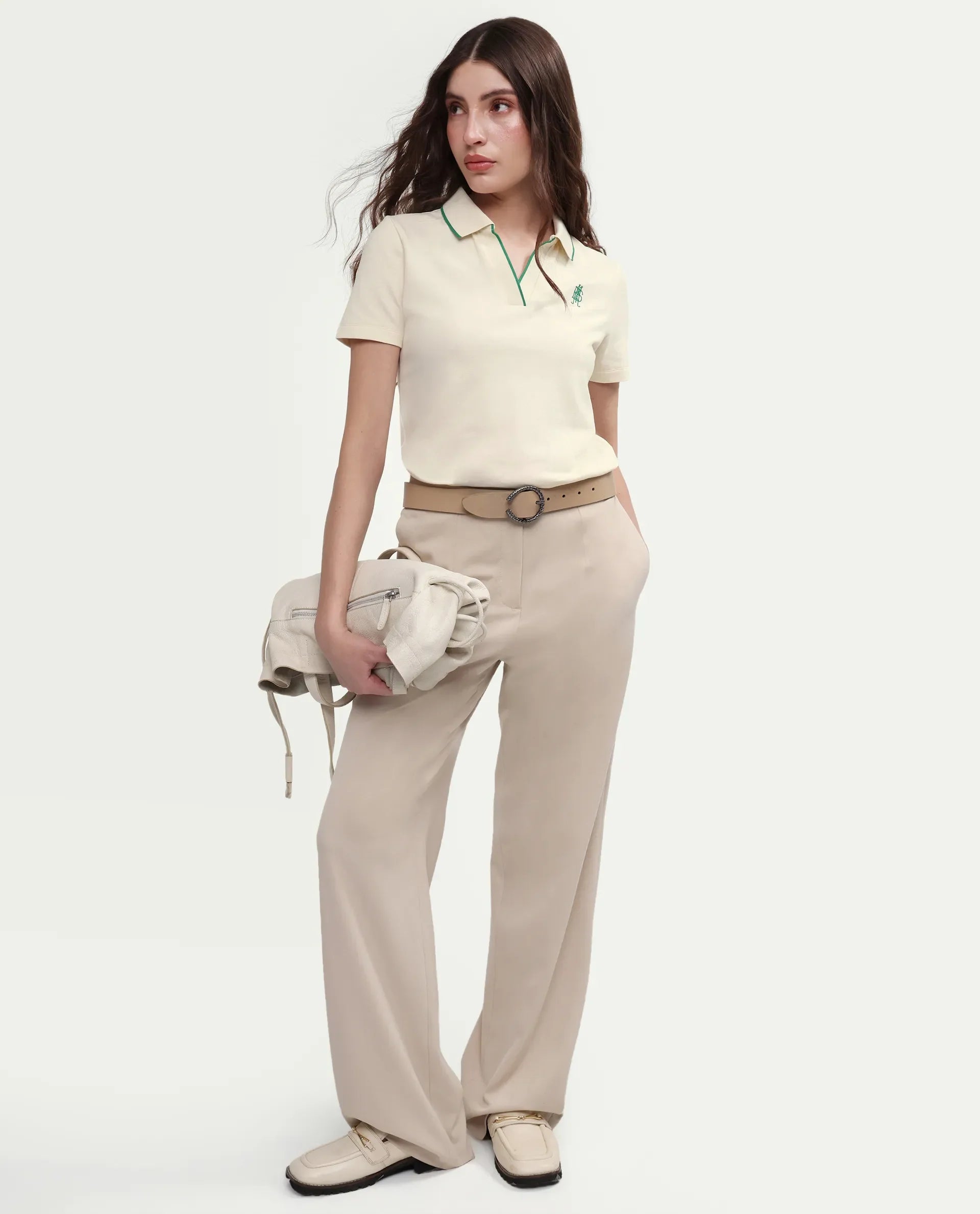 Rareism Women's Zeya Off White Cotton Blend Half Sleeve Regular Fit Plain Polo