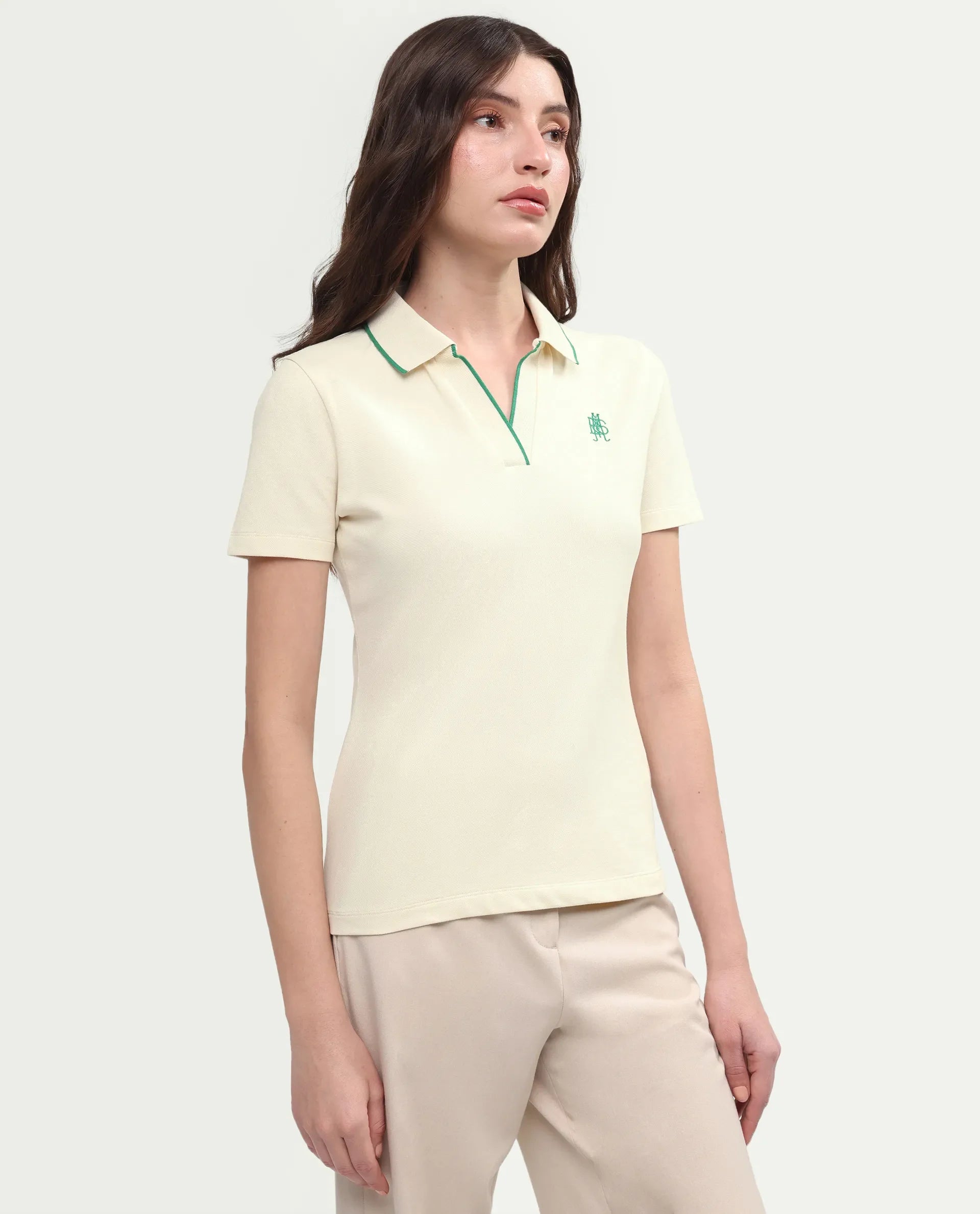 Rareism Women's Zeya Off White Cotton Blend Half Sleeve Regular Fit Plain Polo