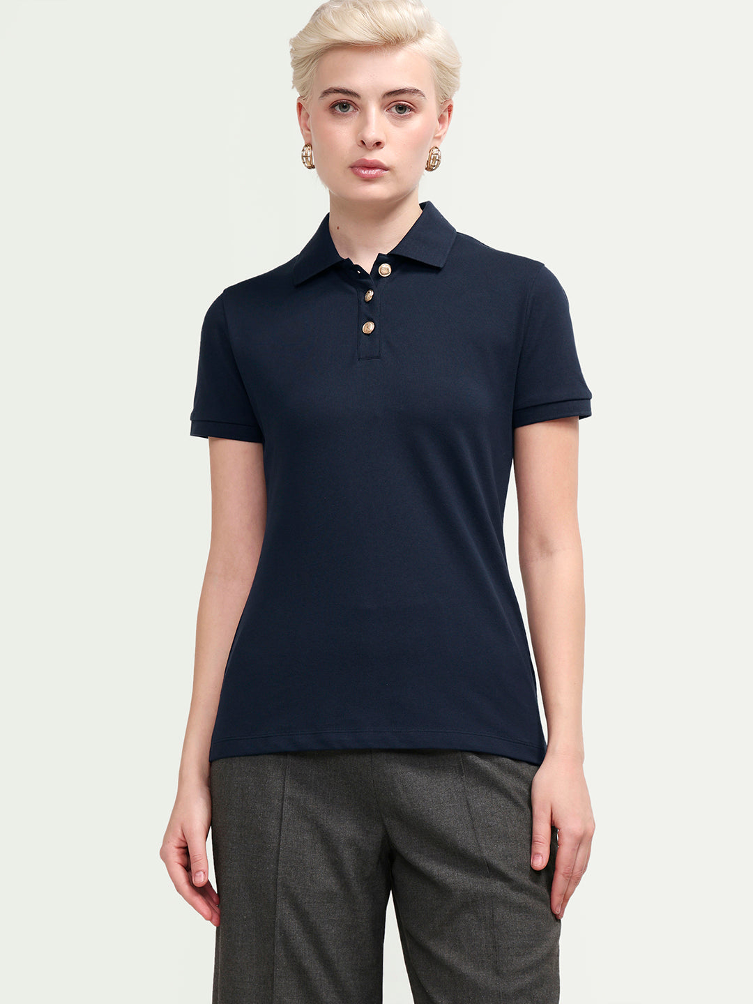 Rareism Women's Zana Navy Cotton Lycra Half Sleeve Regular Fit Plain Polo