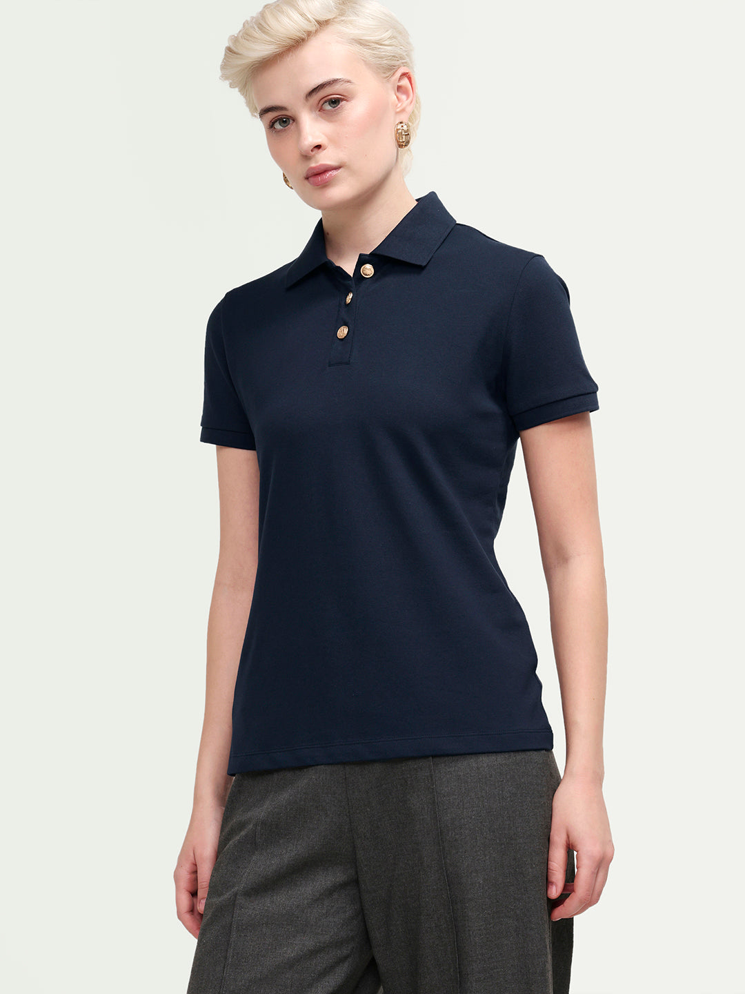 Rareism Women's Zana Navy Cotton Lycra Half Sleeve Regular Fit Plain Polo