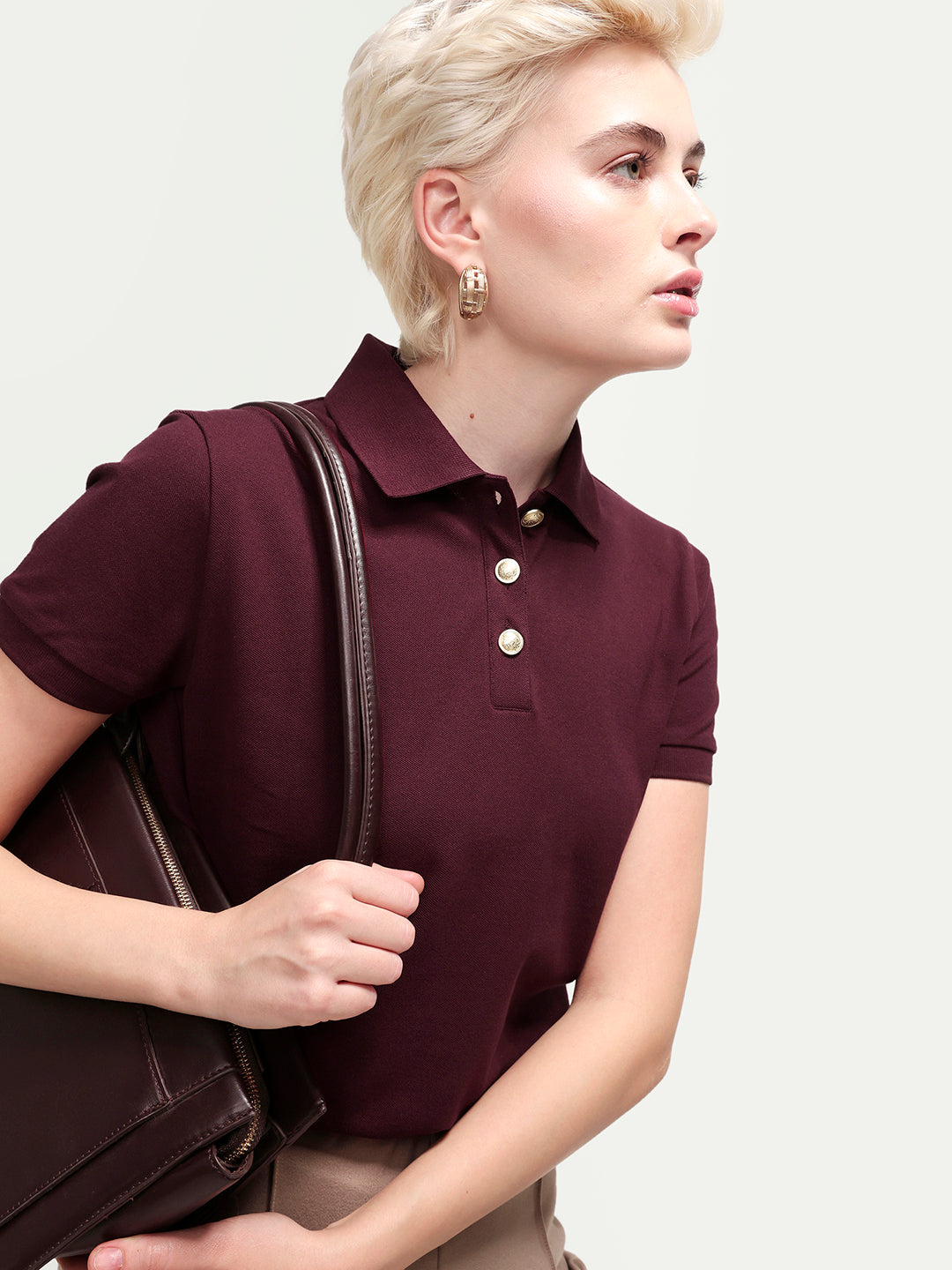 Rareism Women's Zana Dark Maroon Cotton Blend Half Sleeve Regular Fit Plain Polo