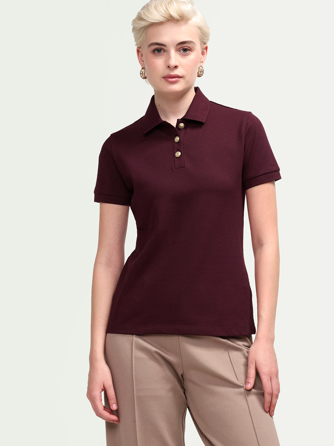 Rareism Women's Zana Dark Maroon Cotton Lycra Half Sleeve Regular Fit Plain Polo