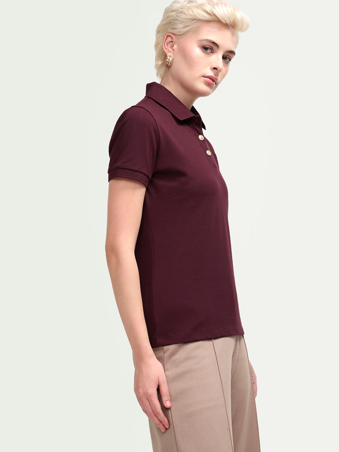 Rareism Women's Zana Dark Maroon Cotton Lycra Half Sleeve Regular Fit Plain Polo