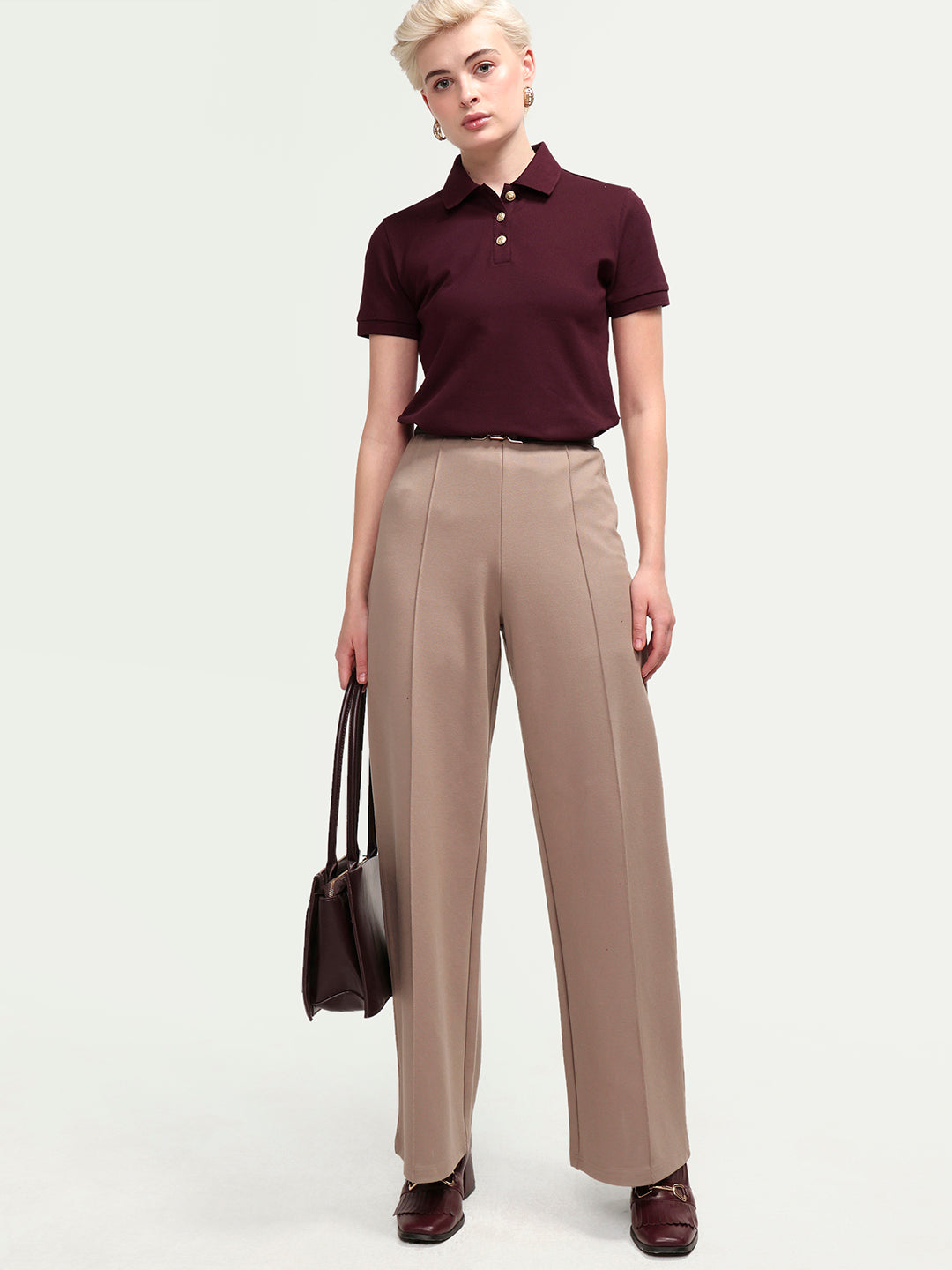 Rareism Women's Zana Dark Maroon Cotton Blend Half Sleeve Regular Fit Plain Polo