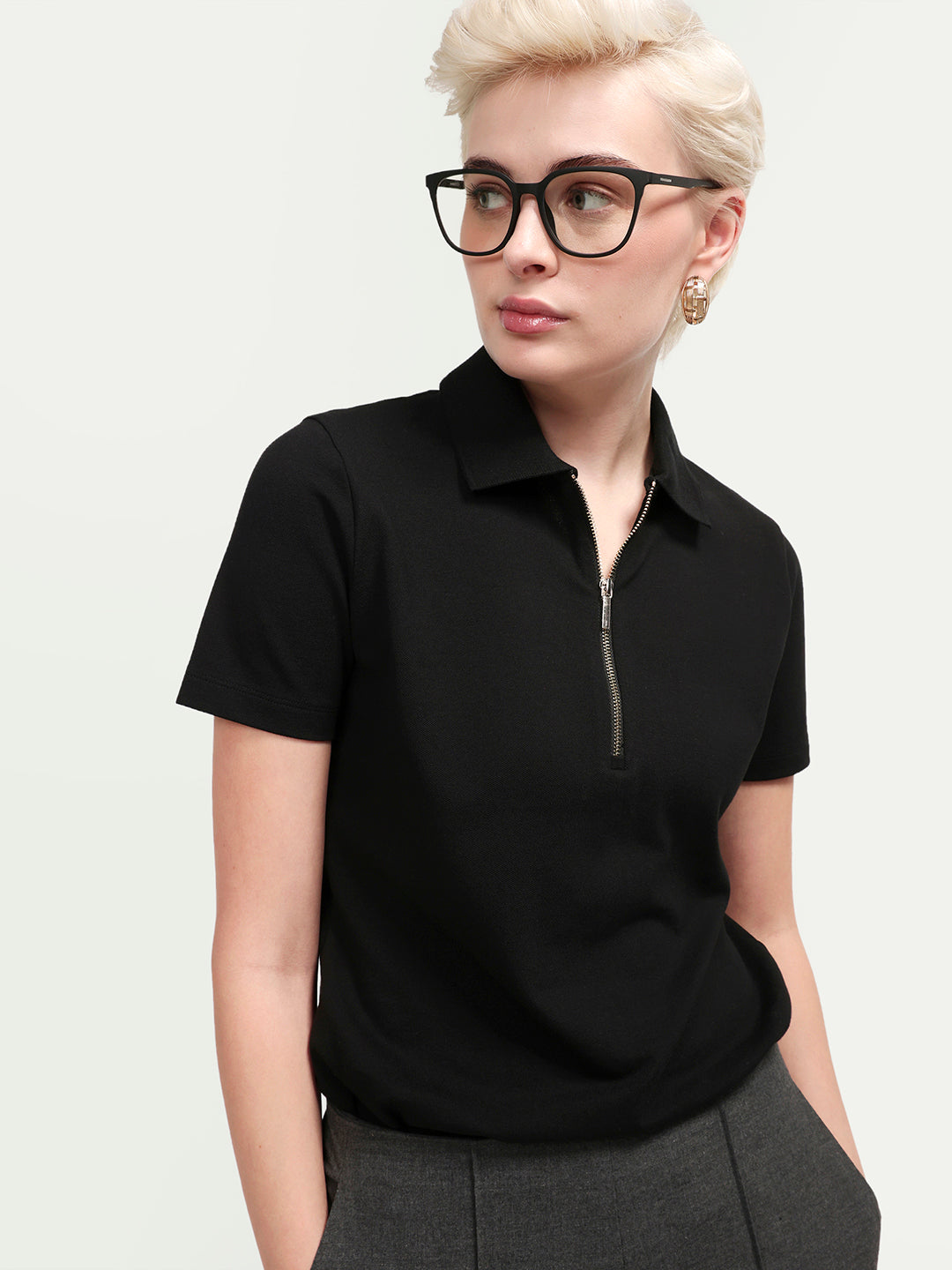 Rareism Women's Zeke Black Cotton Blend Half Sleeve Regular Fit Plain Polo