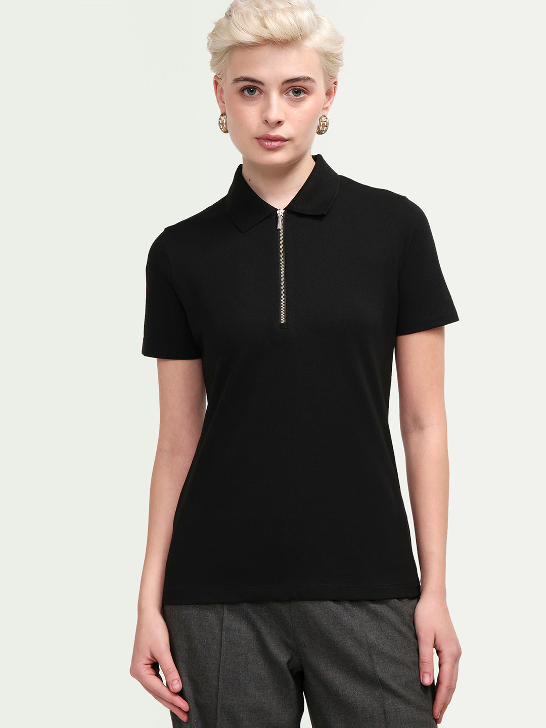 Rareism Women's Zeke Black Cotton Blend Half Sleeve Regular Fit Plain Polo