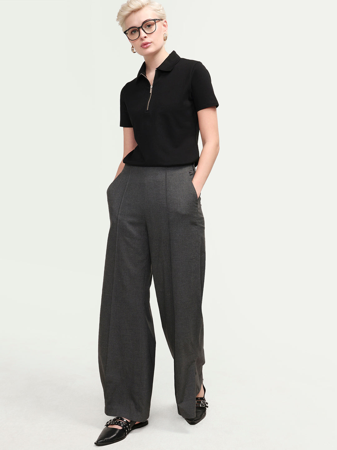 Rareism Women's Zeke Black Cotton Blend Half Sleeve Regular Fit Plain Polo