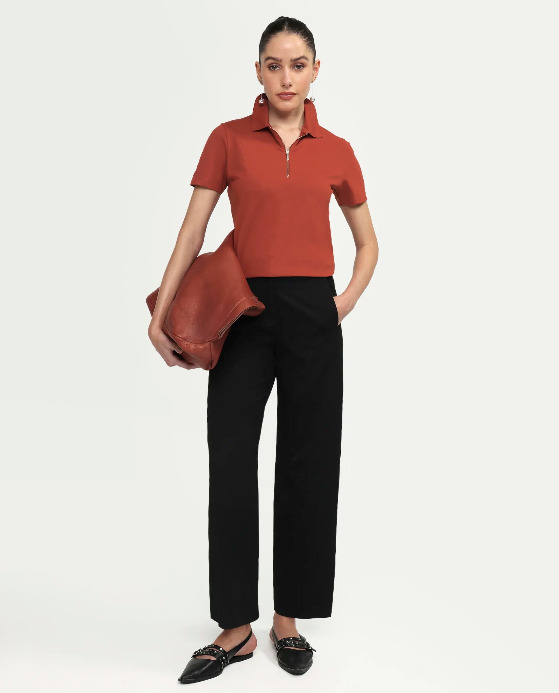 Rareism Women's Zeke Rust Cotton Blend Half Sleeve Regular Fit Plain Polo