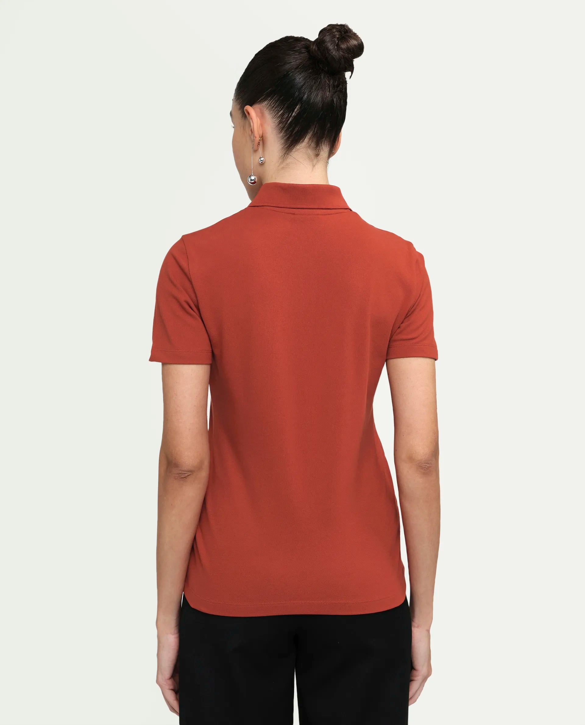 Rareism Women's Zeke Rust Cotton Blend Half Sleeve Regular Fit Plain Polo
