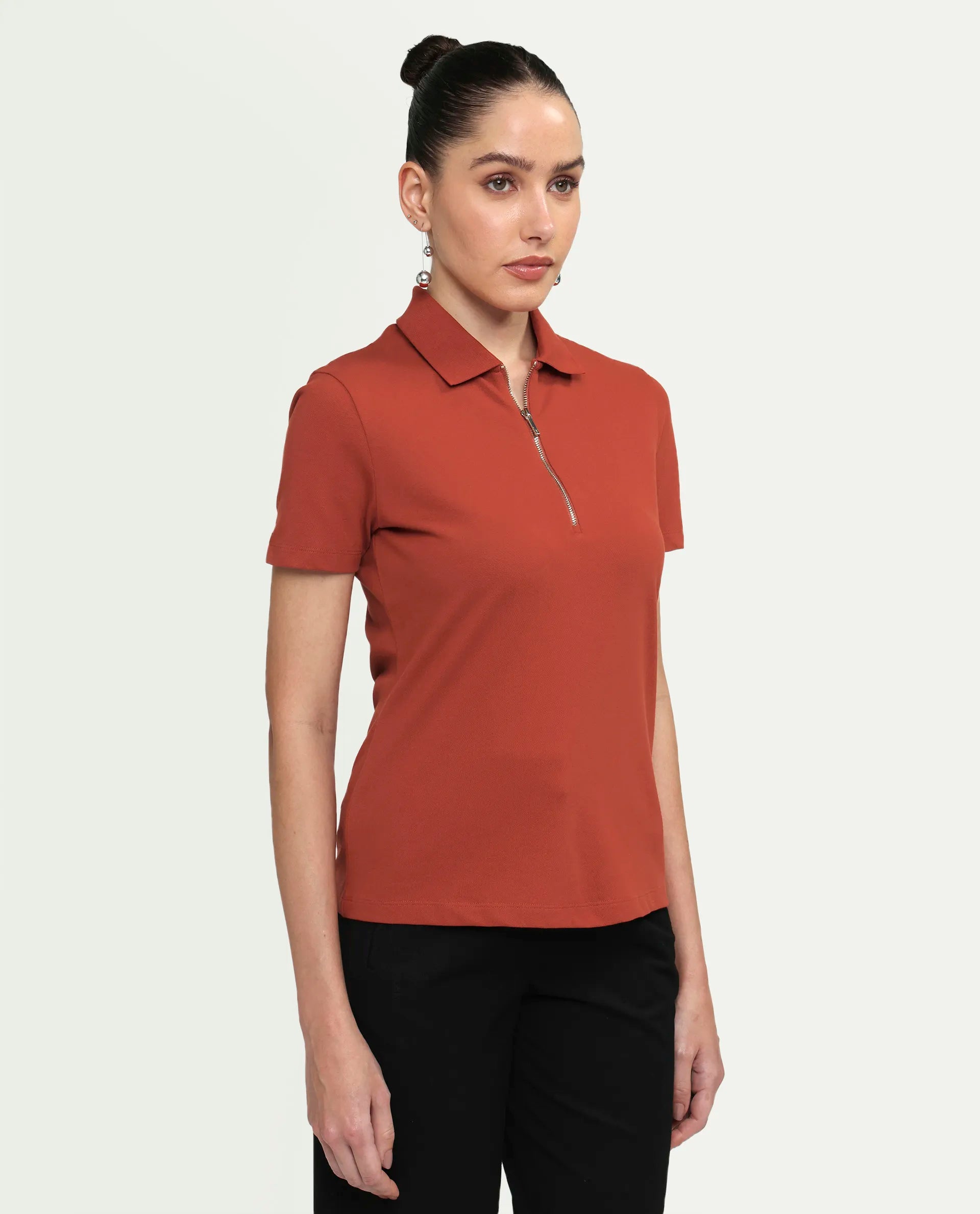 Rareism Women's Zeke Rust Cotton Blend Half Sleeve Regular Fit Plain Polo