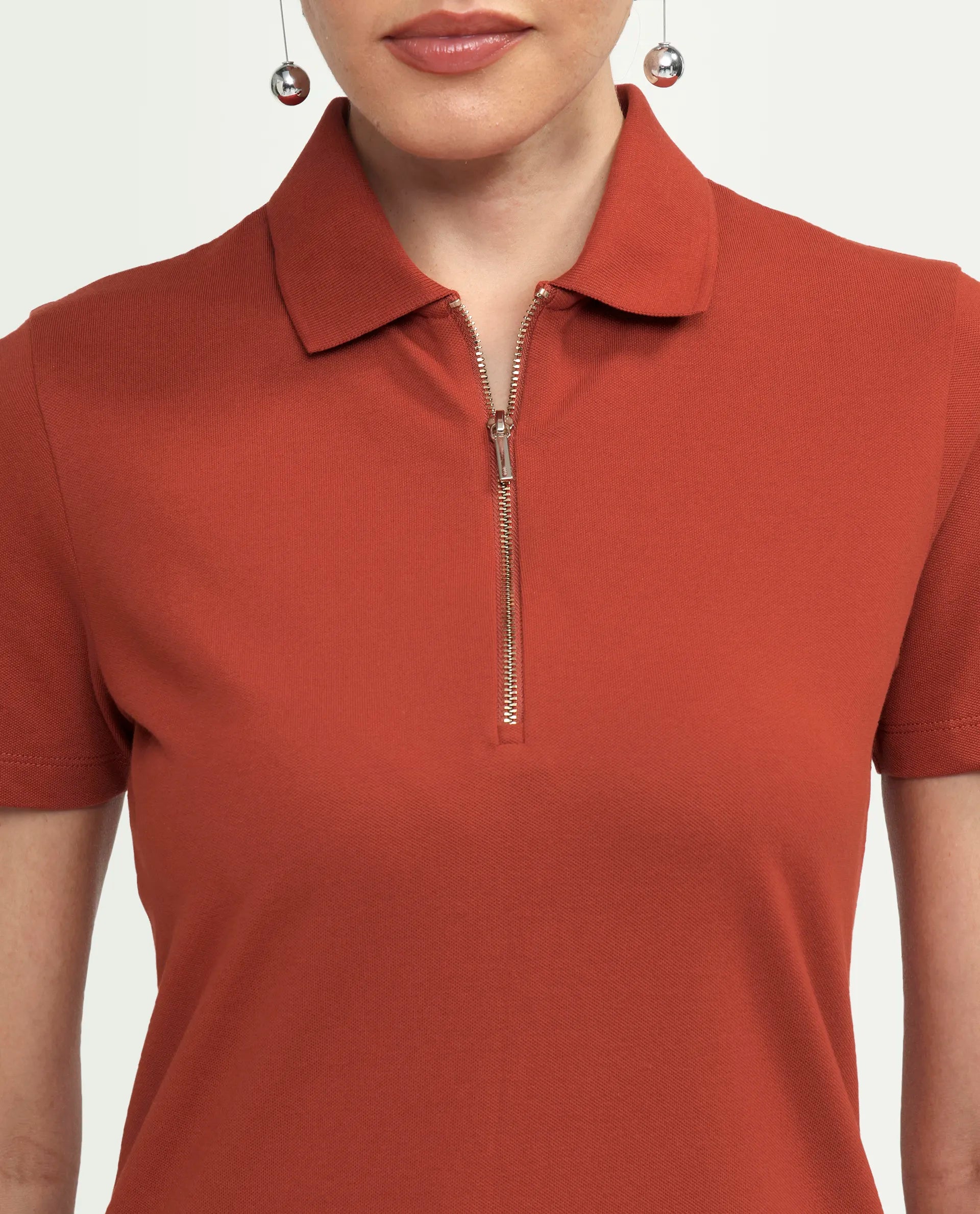 Rareism Women's Zeke Rust Cotton Blend Half Sleeve Regular Fit Plain Polo