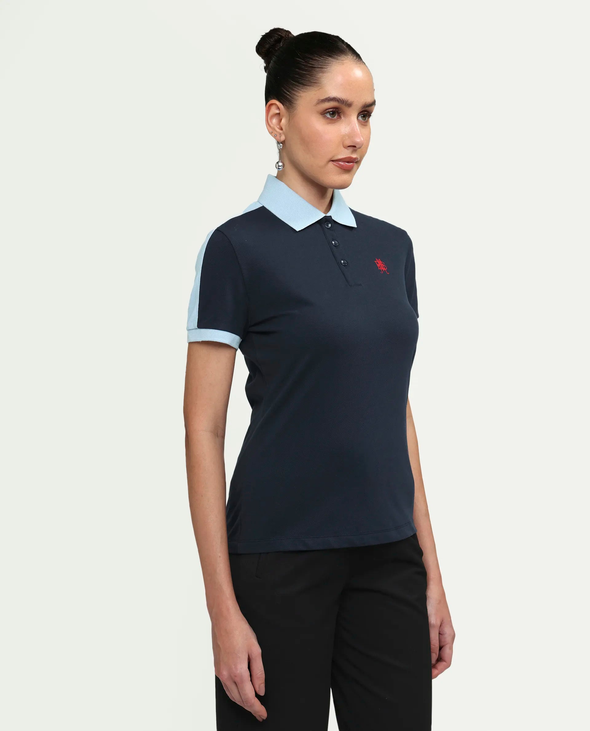 Rareism Women's Zeco Navy Cotton Blend Half Sleeve Regular Fit Plain Polo