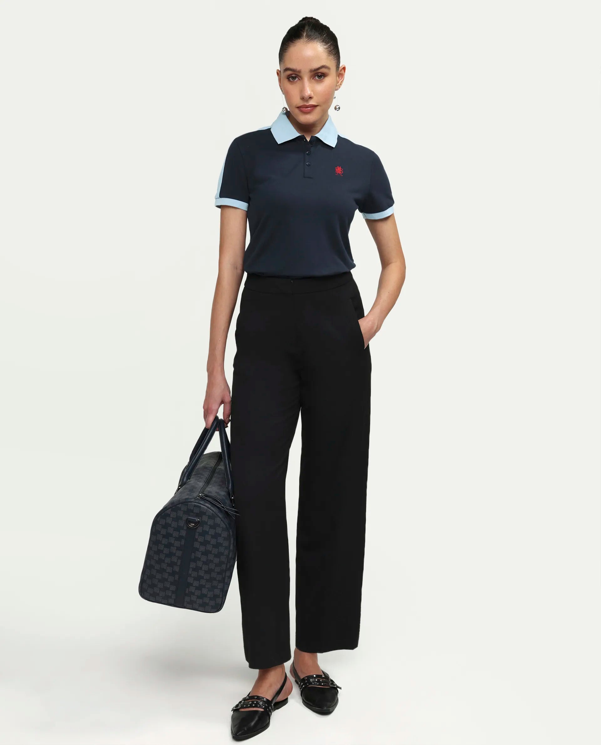 Rareism Women's Zeco Navy Cotton Blend Half Sleeve Regular Fit Plain Polo