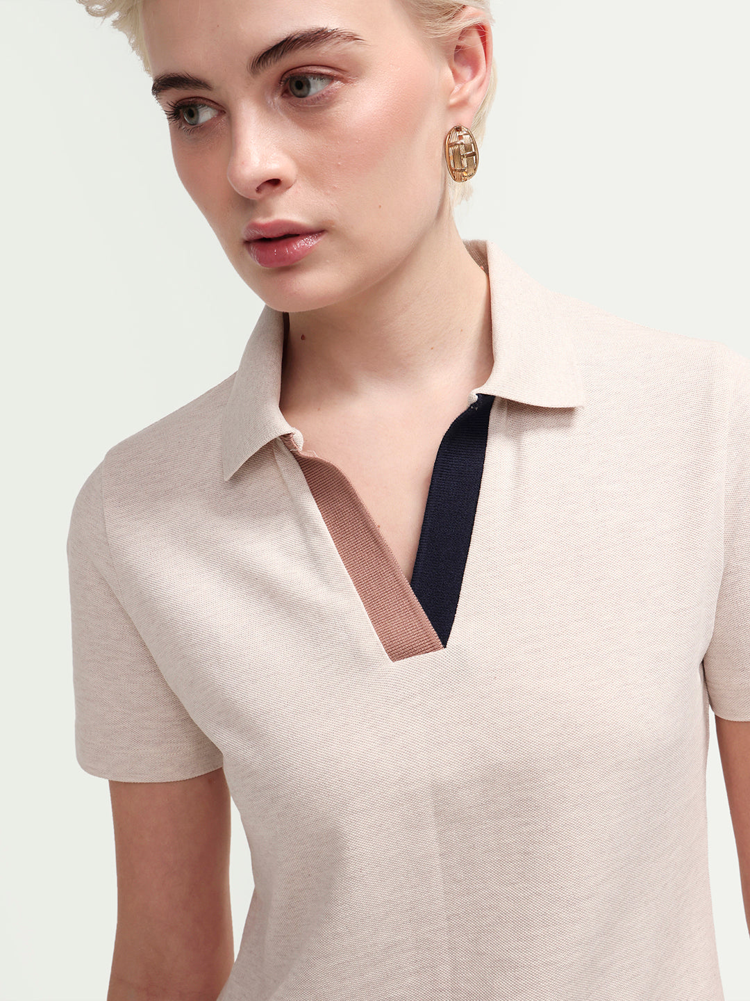 Rareism Women's Zoat Light Beige Cotton Blend Half Sleeve Regular Fit Plain Polo
