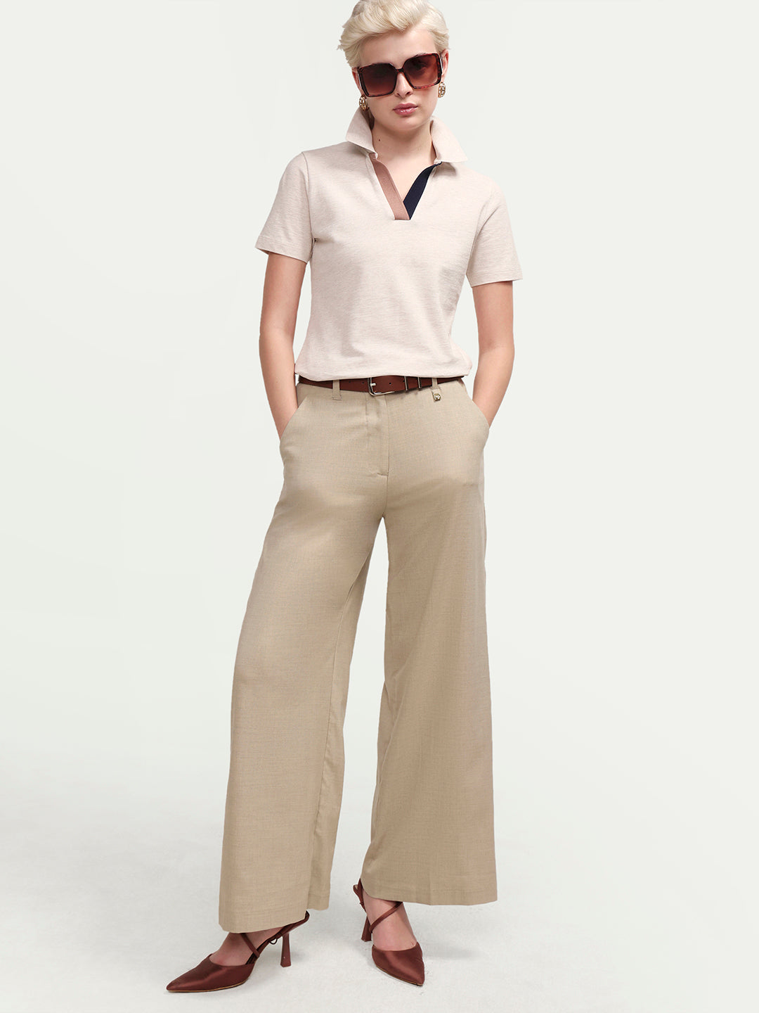 Rareism Women's Zoat Light Beige Cotton Blend Half Sleeve Regular Fit Plain Polo
