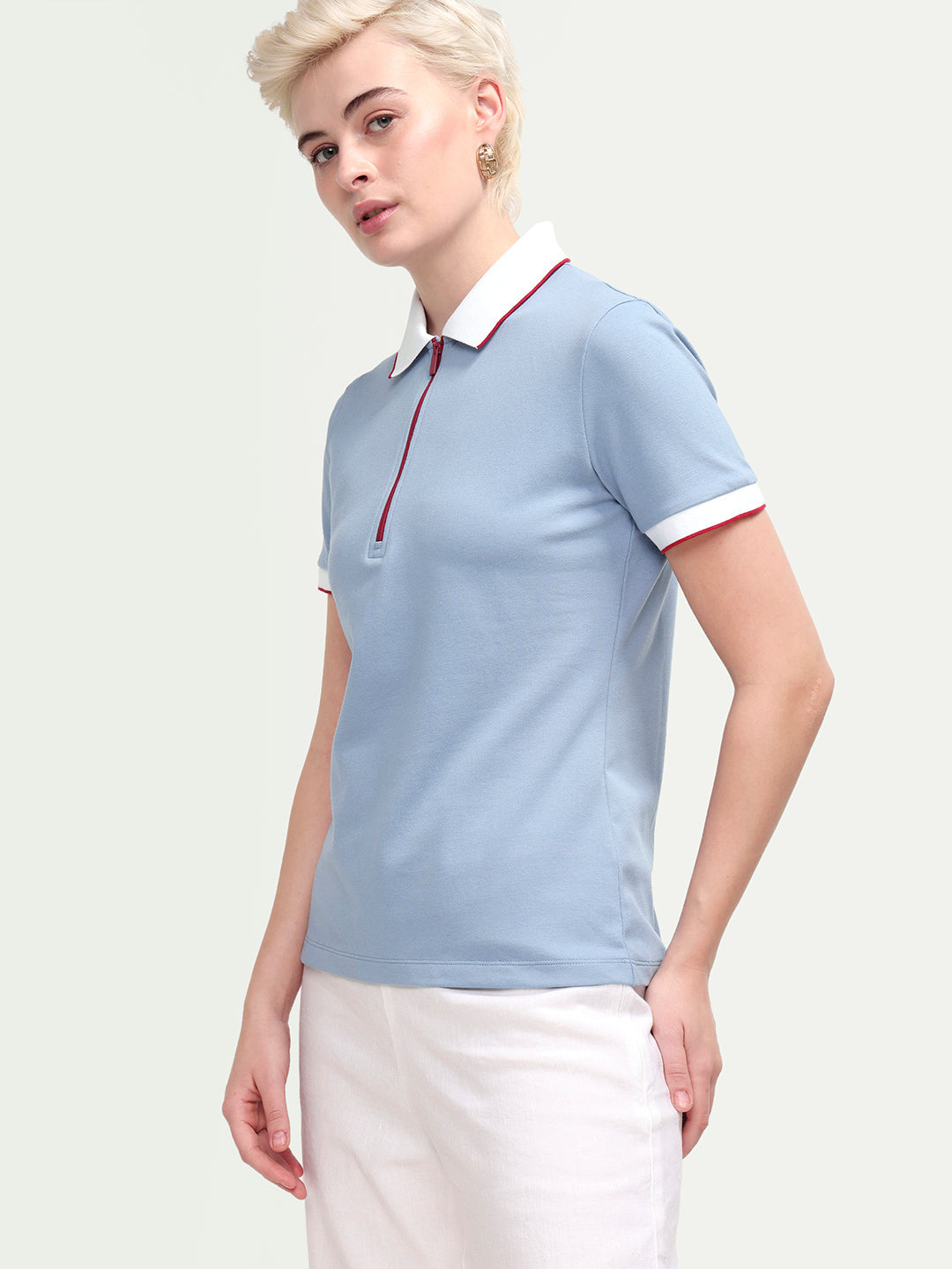 Rareism Women's Zipe Dusky Blue Cotton Blend Half Sleeve Regular Fit Plain Polo