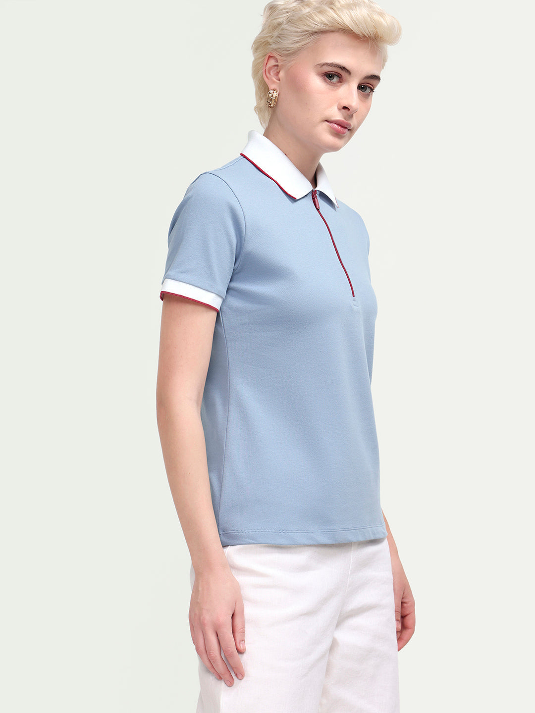 Rareism Women's Zipe Dusky Blue Cotton Blend Half Sleeve Regular Fit Plain Polo
