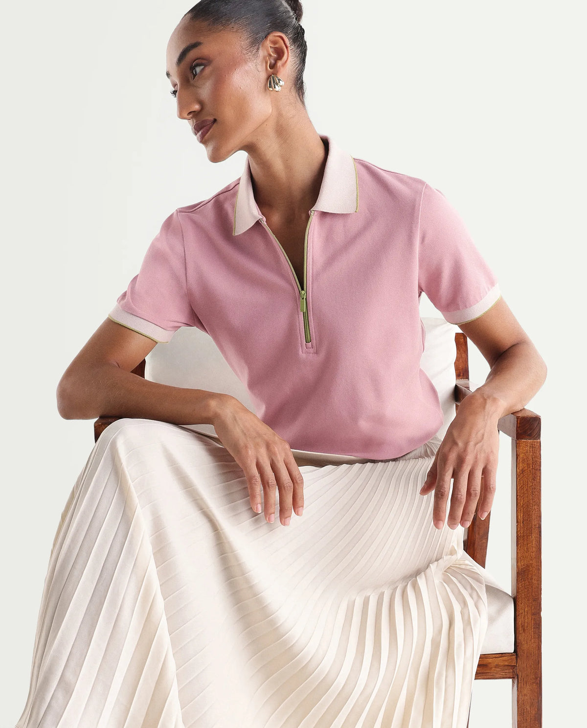 Rareism Women's Zipe Dusky Pink Cotton Lycra Half Sleeve Regular Fit Plain Polo