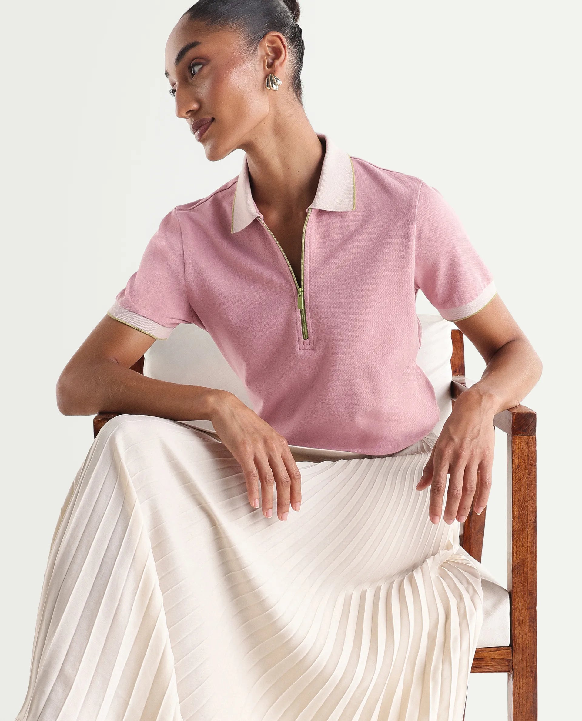 Rareism Women's Zipe Dusky Pink Cotton Lycra Half Sleeve Regular Fit Plain Polo