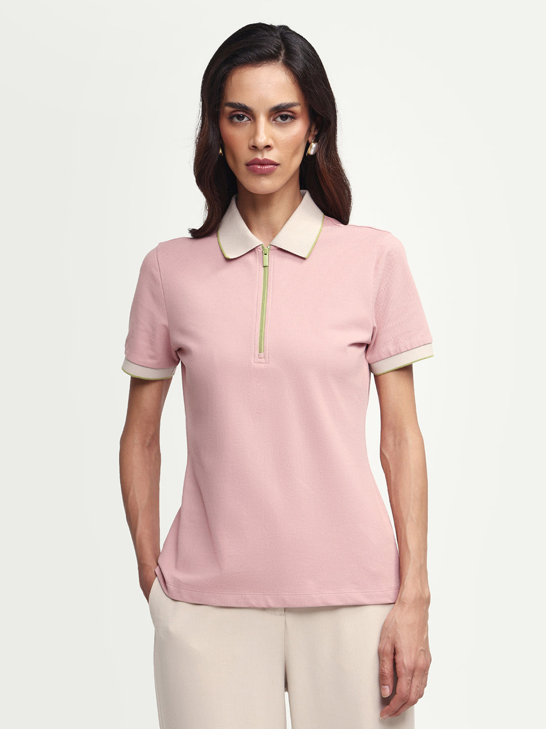 Rareism Women's Zipe Dusky Pink Cotton Lycra Half Sleeve Regular Fit Plain Polo