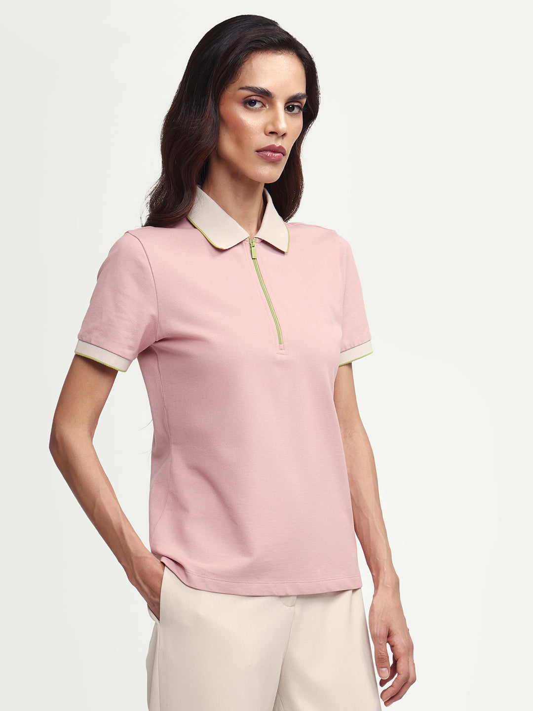 Rareism Women's Zipe Dusky Pink Cotton Lycra Half Sleeve Regular Fit Plain Polo