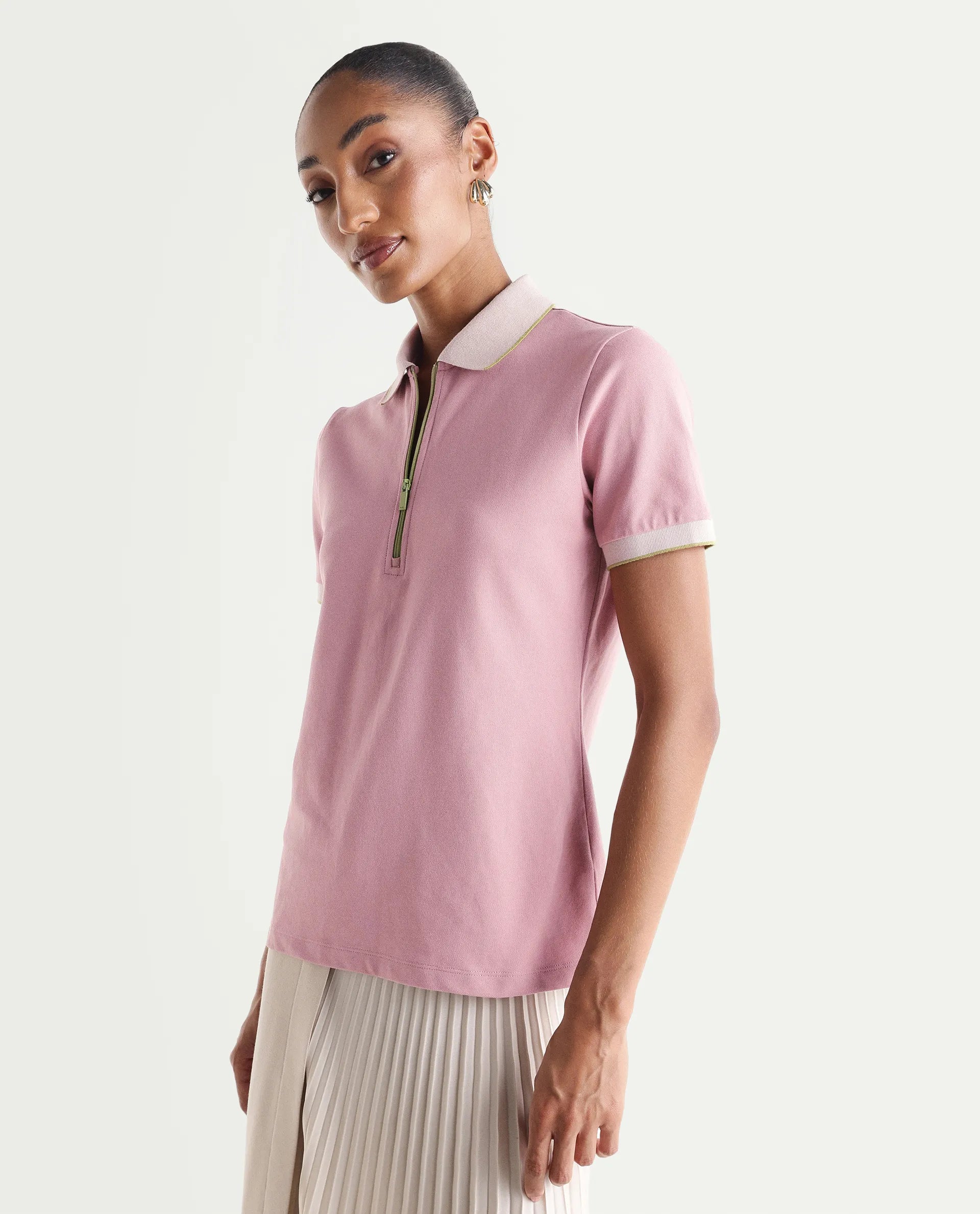 Rareism Women's Zipe Dusky Pink Cotton Lycra Half Sleeve Regular Fit Plain Polo