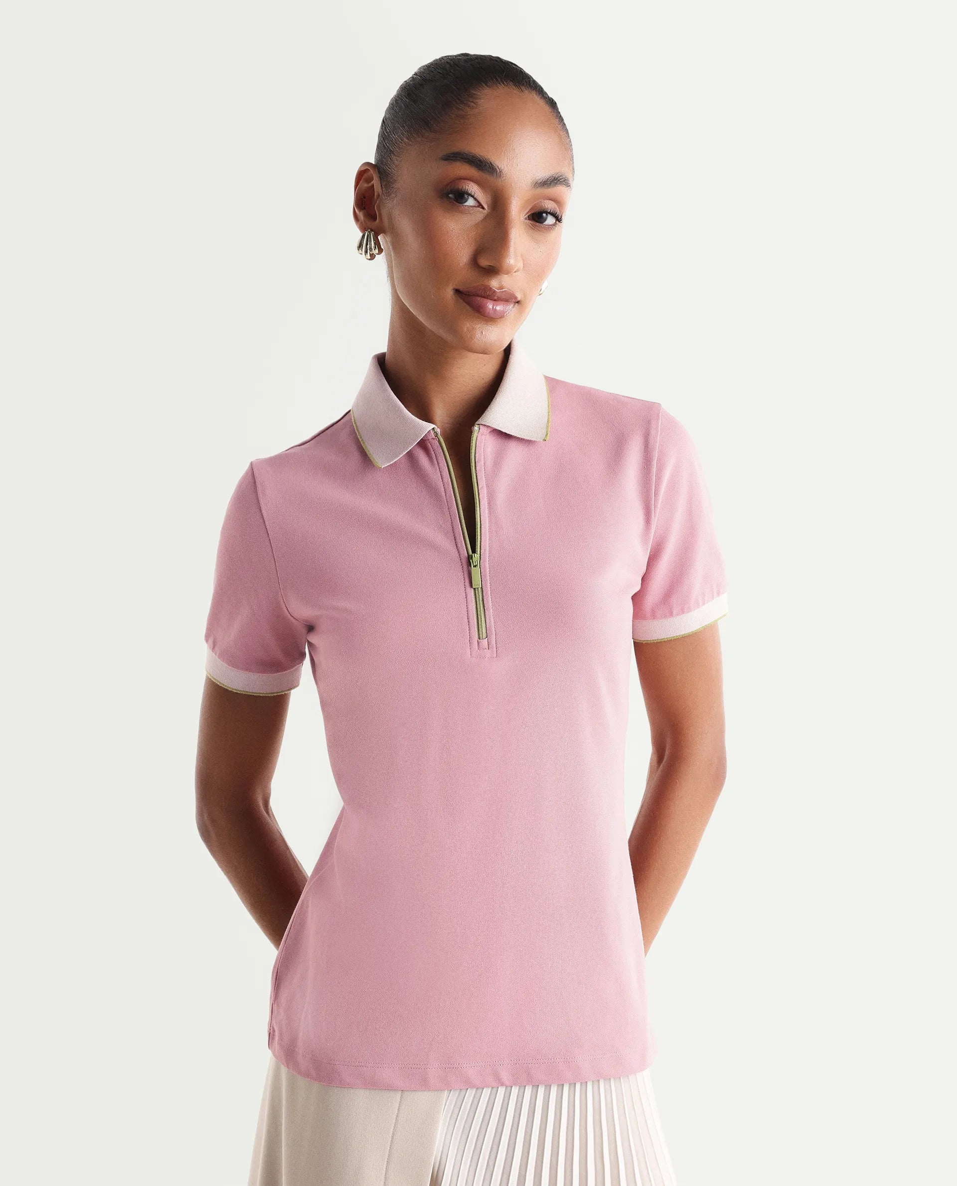 Rareism Women's Zipe Dusky Pink Cotton Lycra Half Sleeve Regular Fit Plain Polo