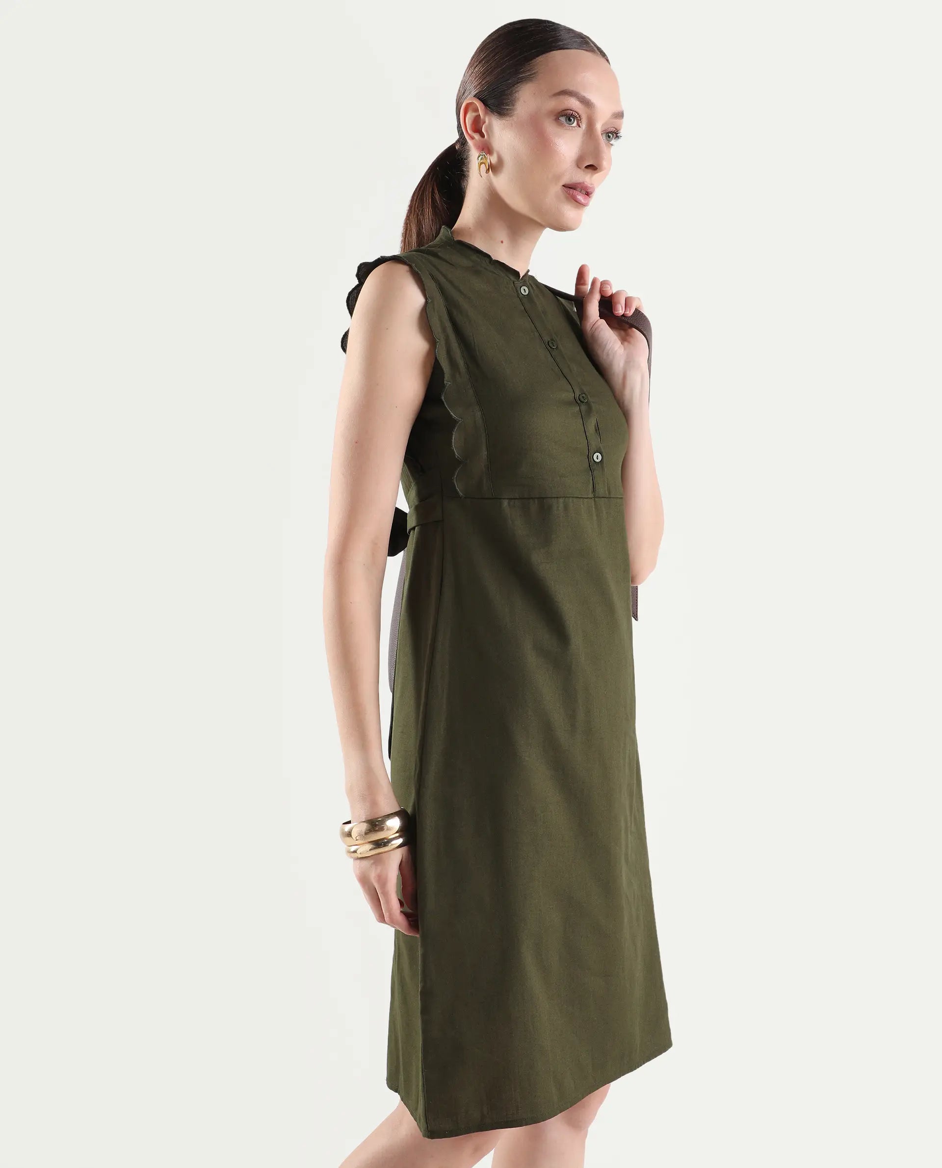 Rareism Women's Adara Olive Cotton Sleeveless A-Line Plain Dress