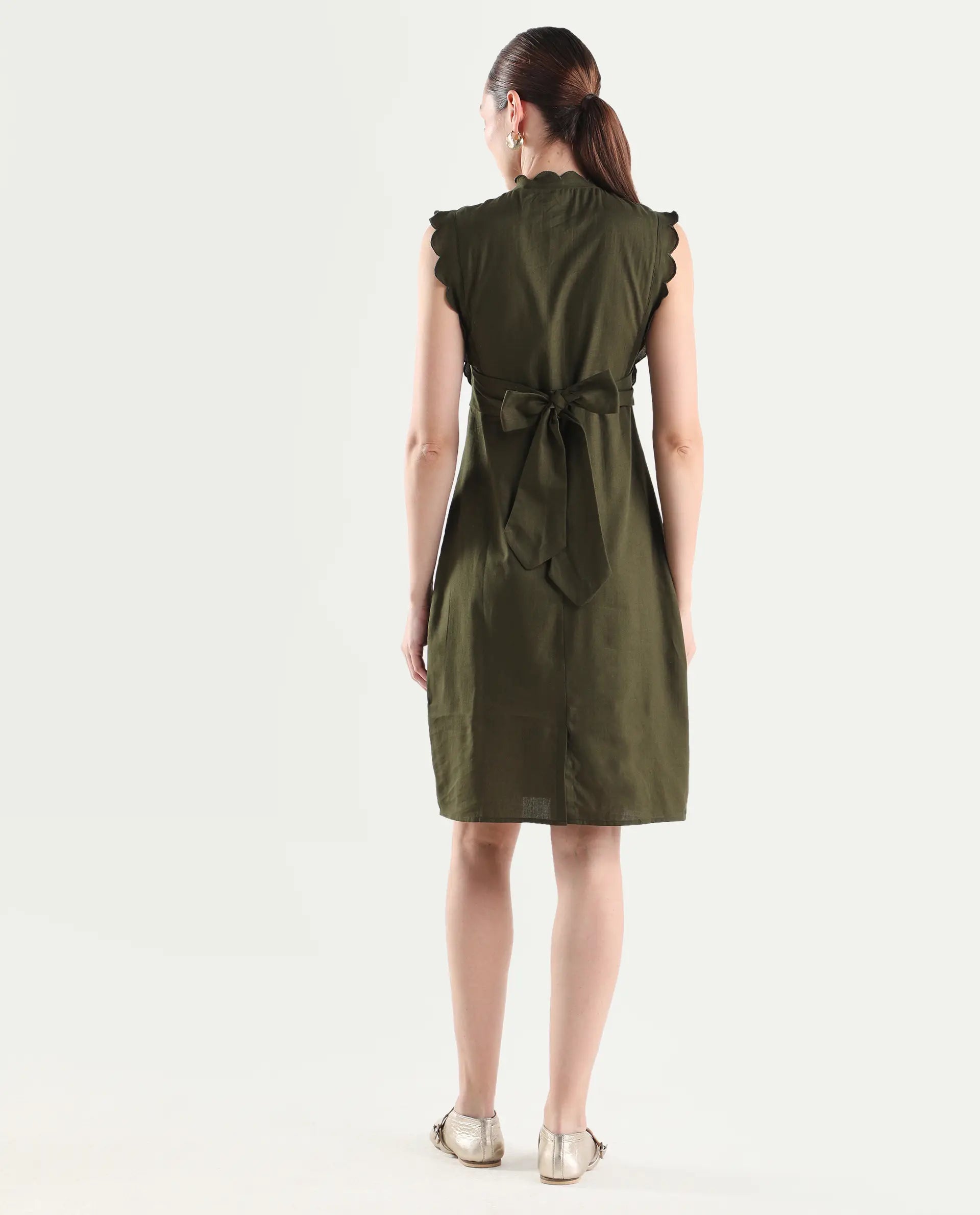 Rareism Women's Adara Olive Cotton Sleeveless A-Line Plain Dress