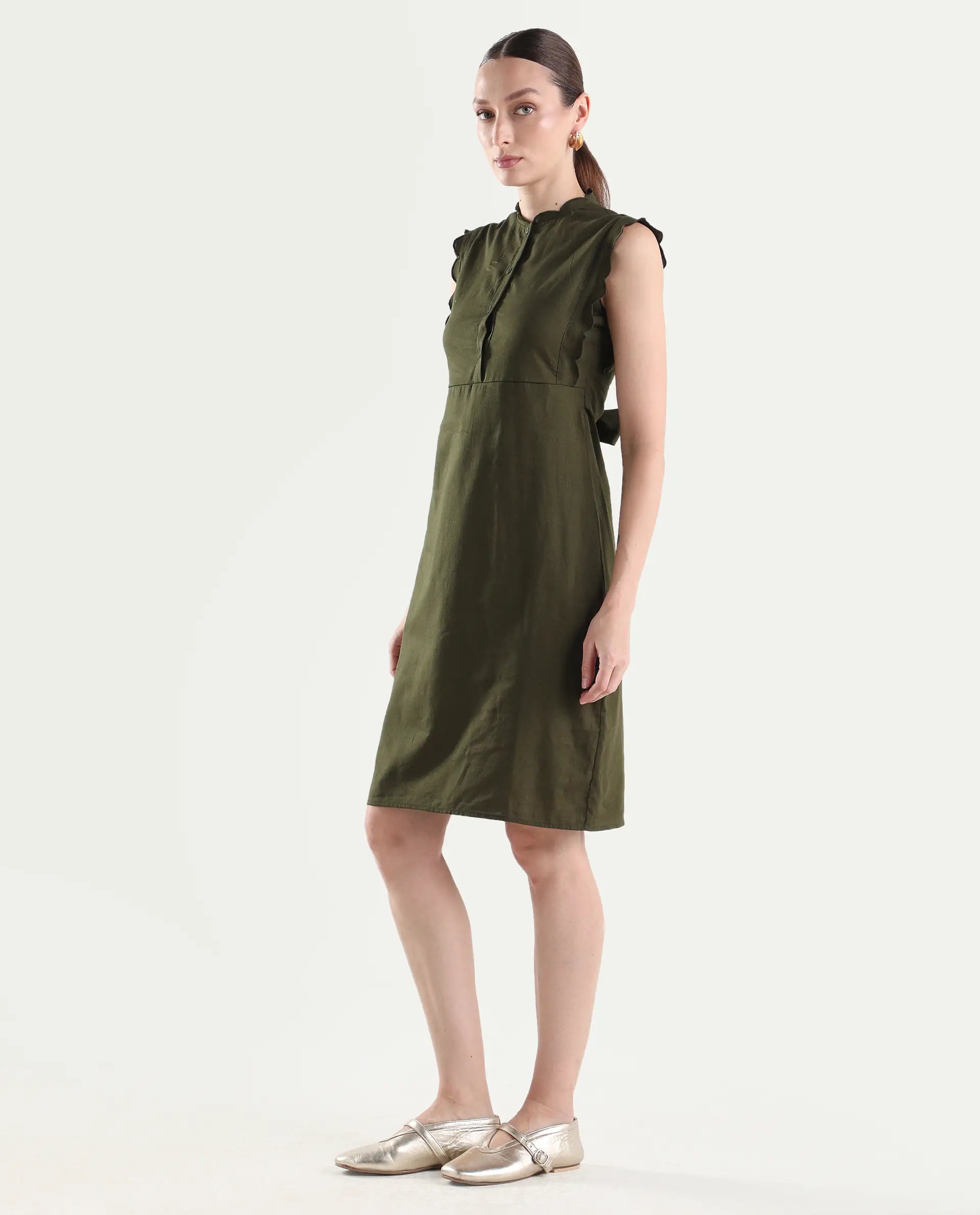Rareism Women's Adara Olive Cotton Sleeveless A-Line Plain Dress