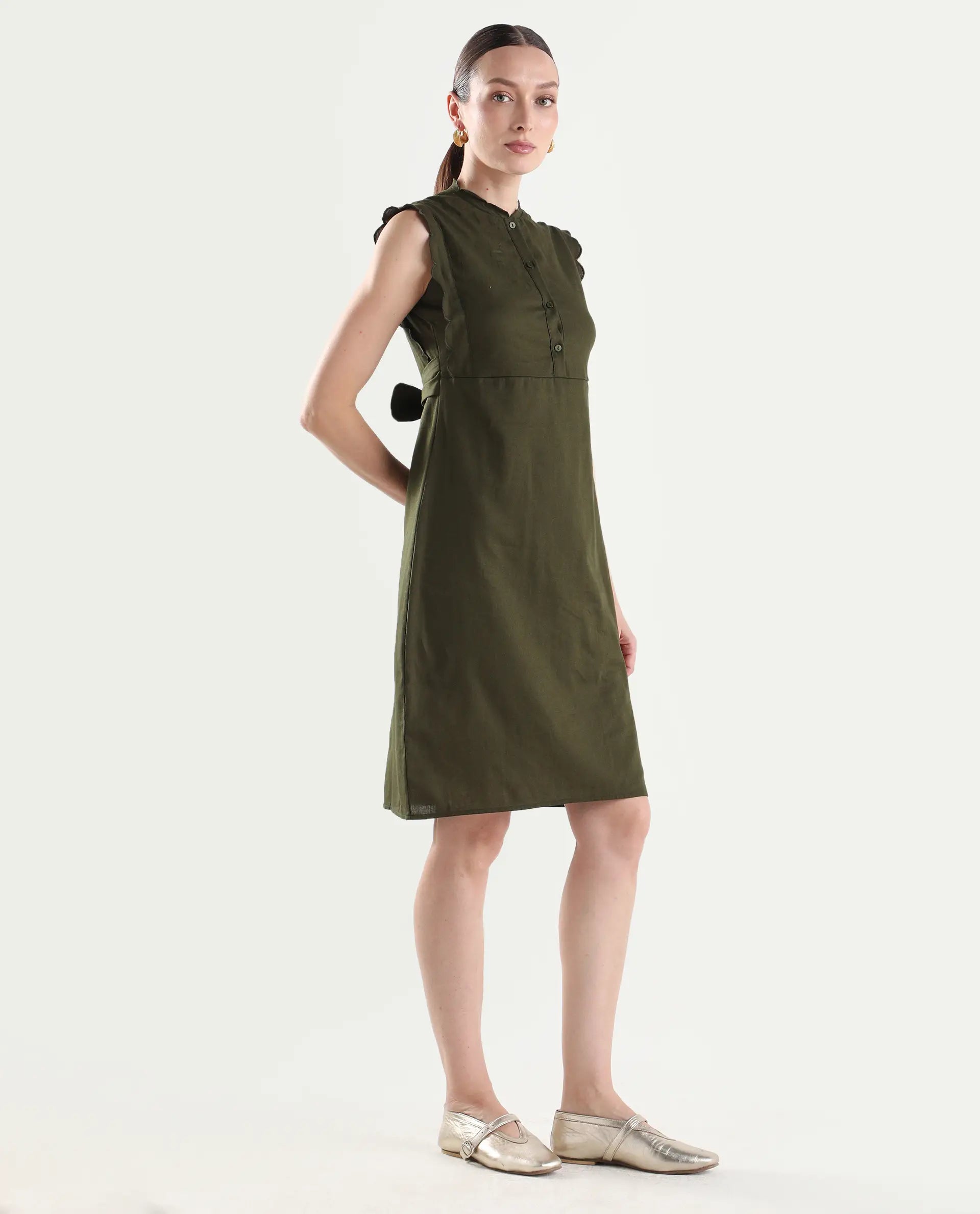 Rareism Women's Adara Olive Cotton Sleeveless A-Line Plain Dress