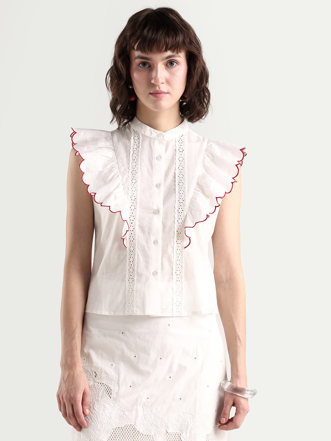 Rareism Women's Adaro Off White Cotton Half Sleeve Regular Fit Plain Top