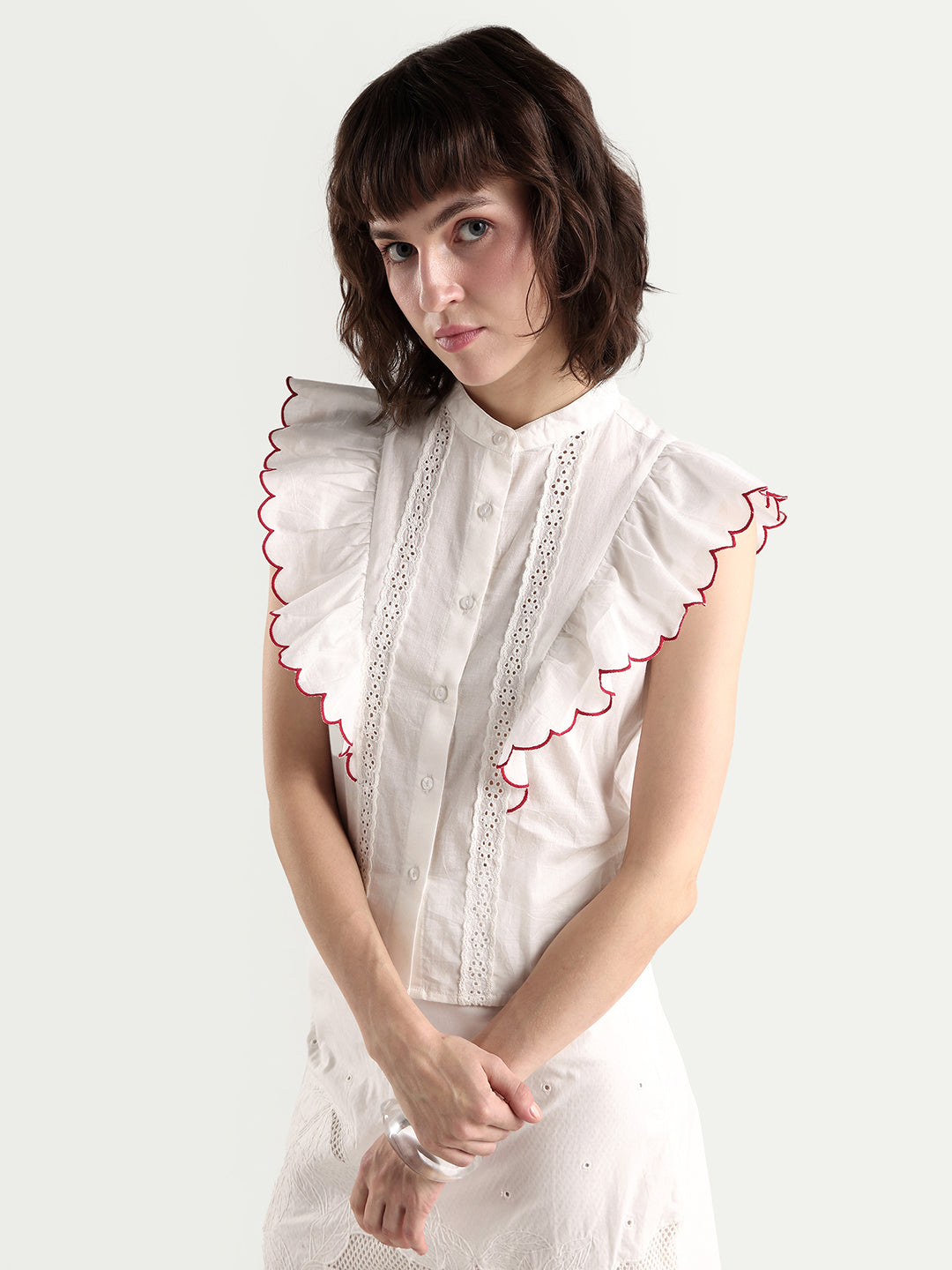 Rareism Women's Adaro Off White Cotton Half Sleeve Regular Fit Plain Top